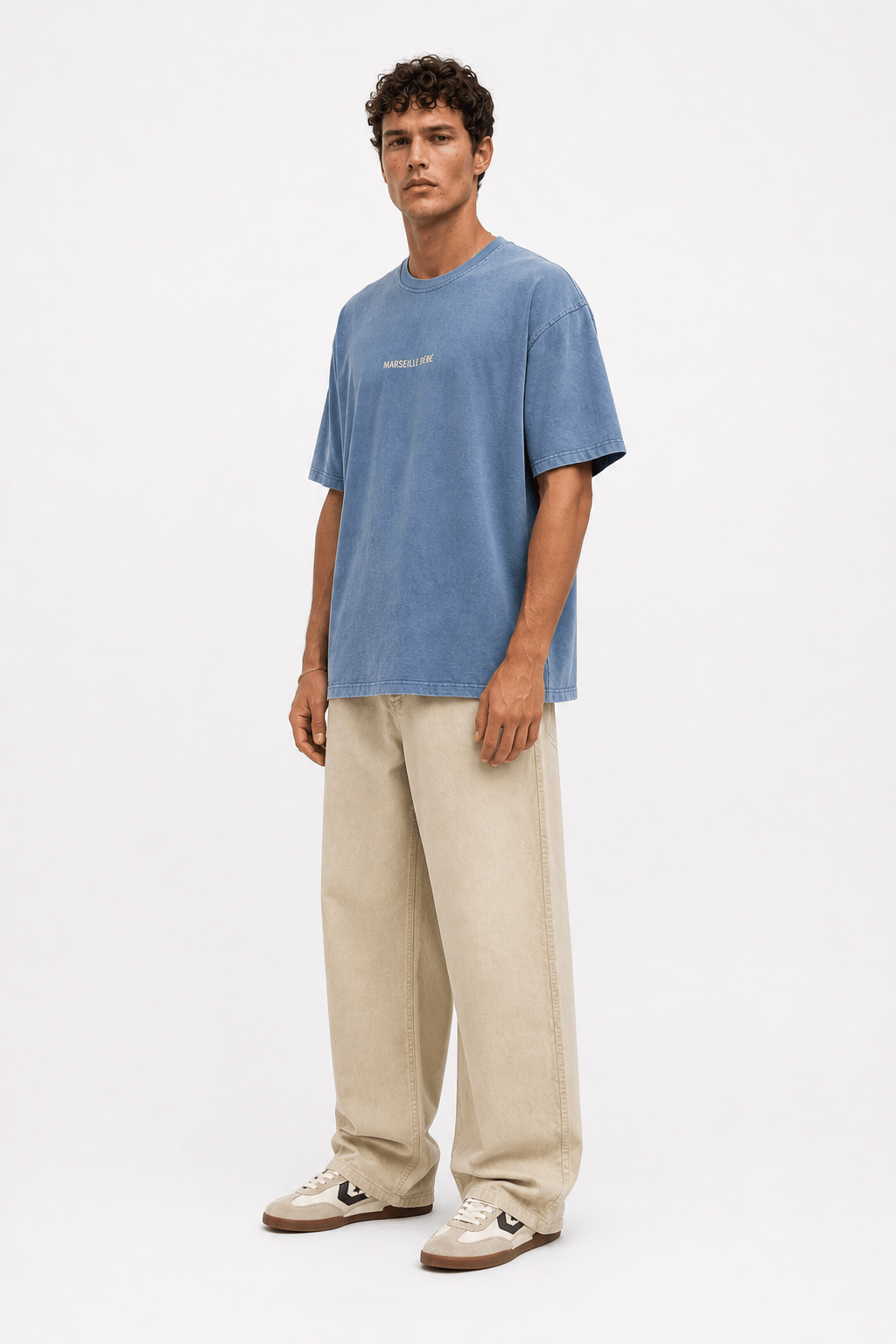 Erkek Marseille Baskılı Yıkamalı Oversize T-Shirt Bebe Mavi