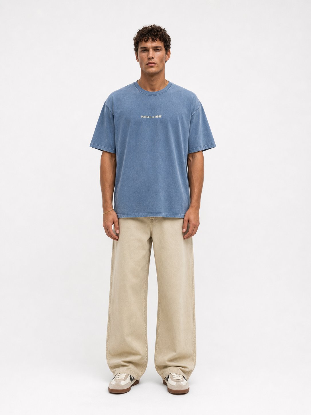 Erkek Marseille Baskılı Yıkamalı Oversize T-Shirt Bebe Mavi
