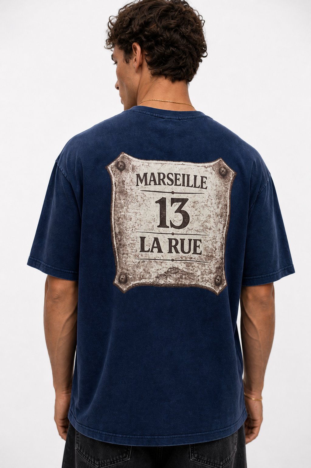 Erkek Marseille Baskılı Yıkamalı Oversize T-Shirt Lacivert