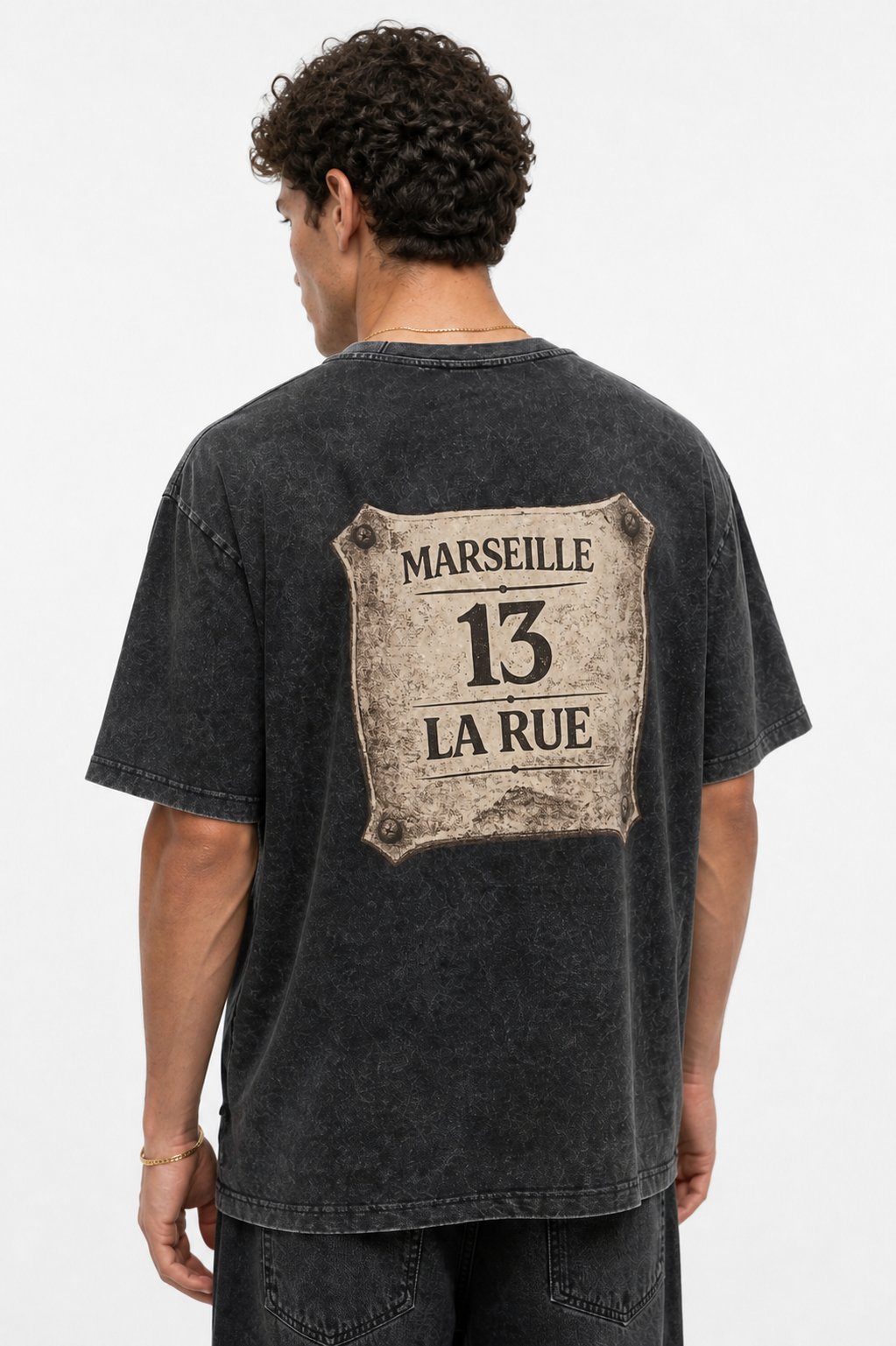 Erkek Marseille Baskılı Yıkamalı Oversize T-Shirt Siyah