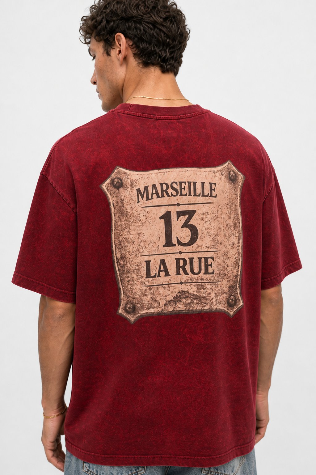 Erkek Marseille Baskılı Yıkamalı Oversize T-Shirt Bordo
