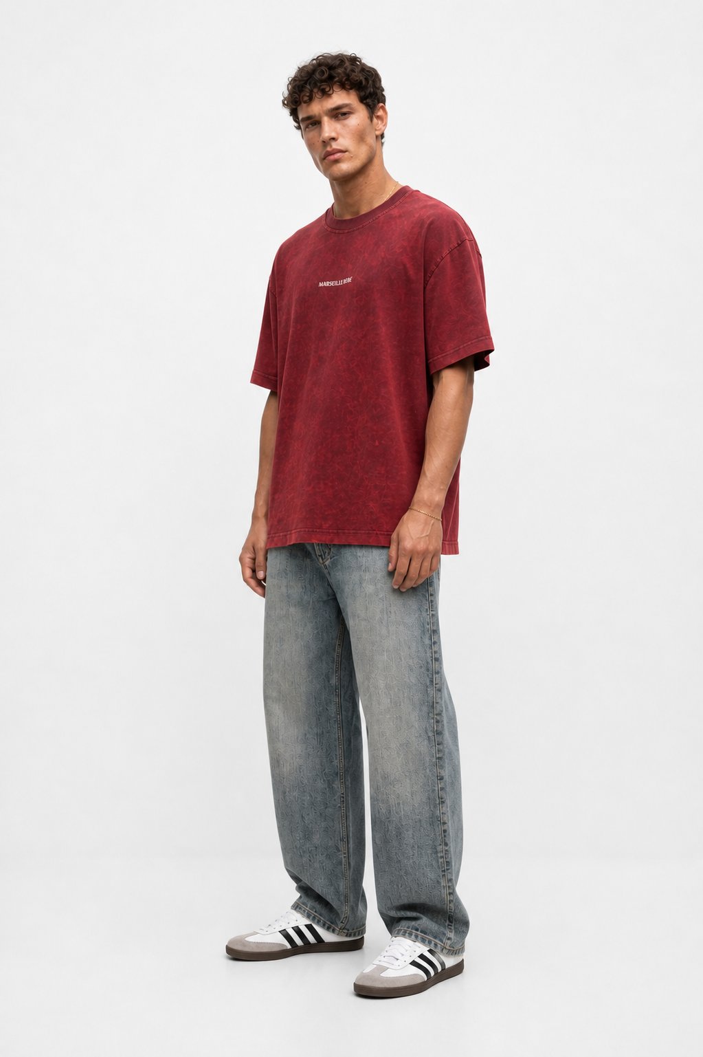 Erkek Marseille Baskılı Yıkamalı Oversize T-Shirt Bordo
