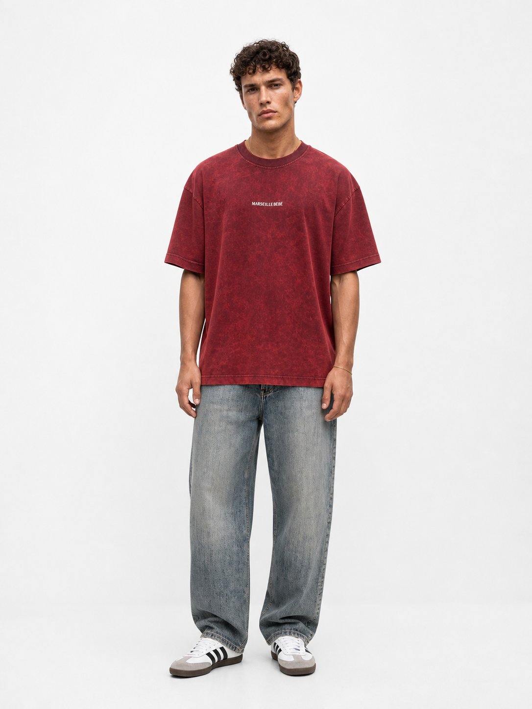 Erkek Marseille Baskılı Yıkamalı Oversize T-Shirt Bordo