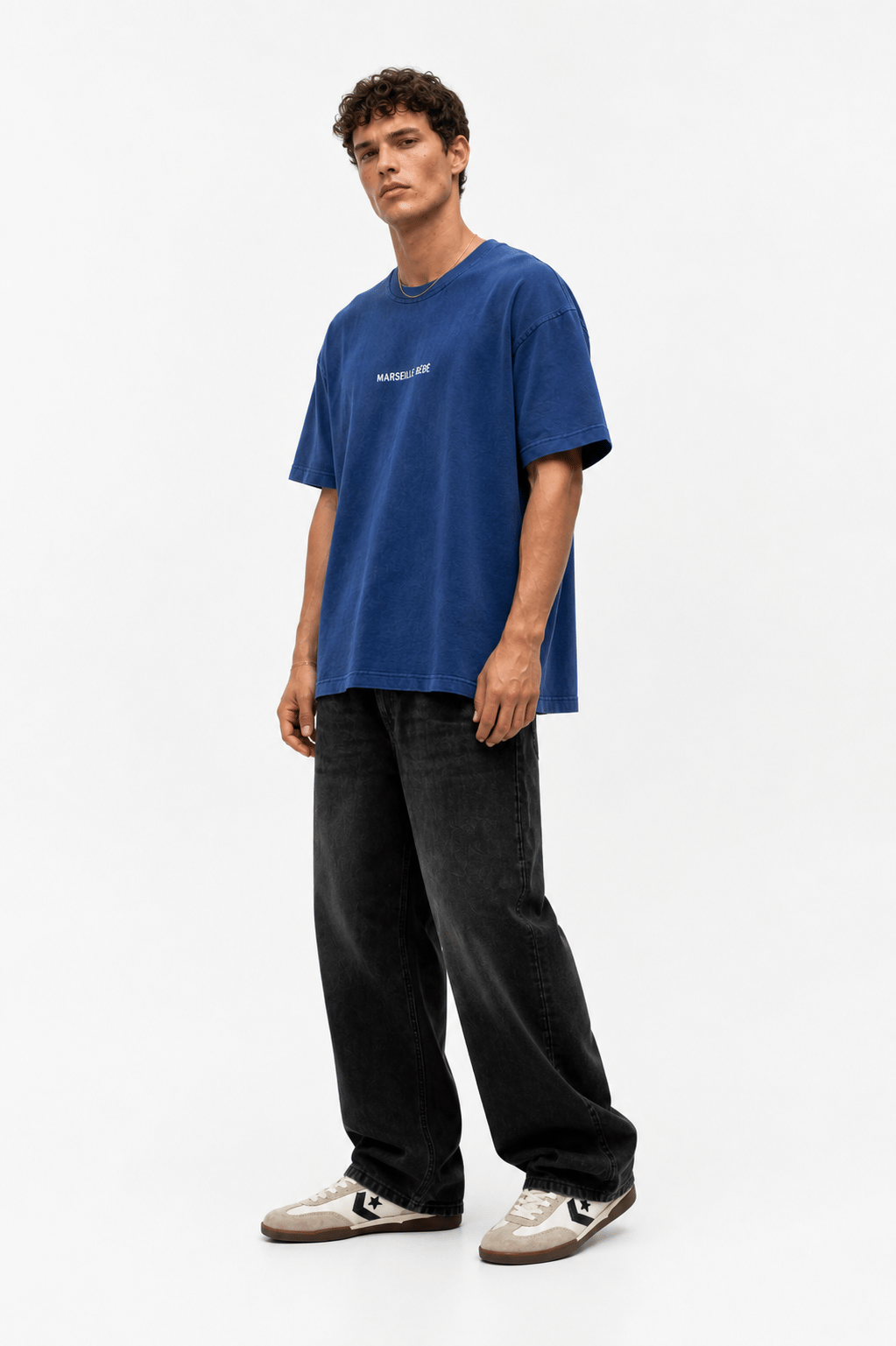 Erkek Marseille Baskılı Yıkamalı Oversize T-Shirt Lacivert