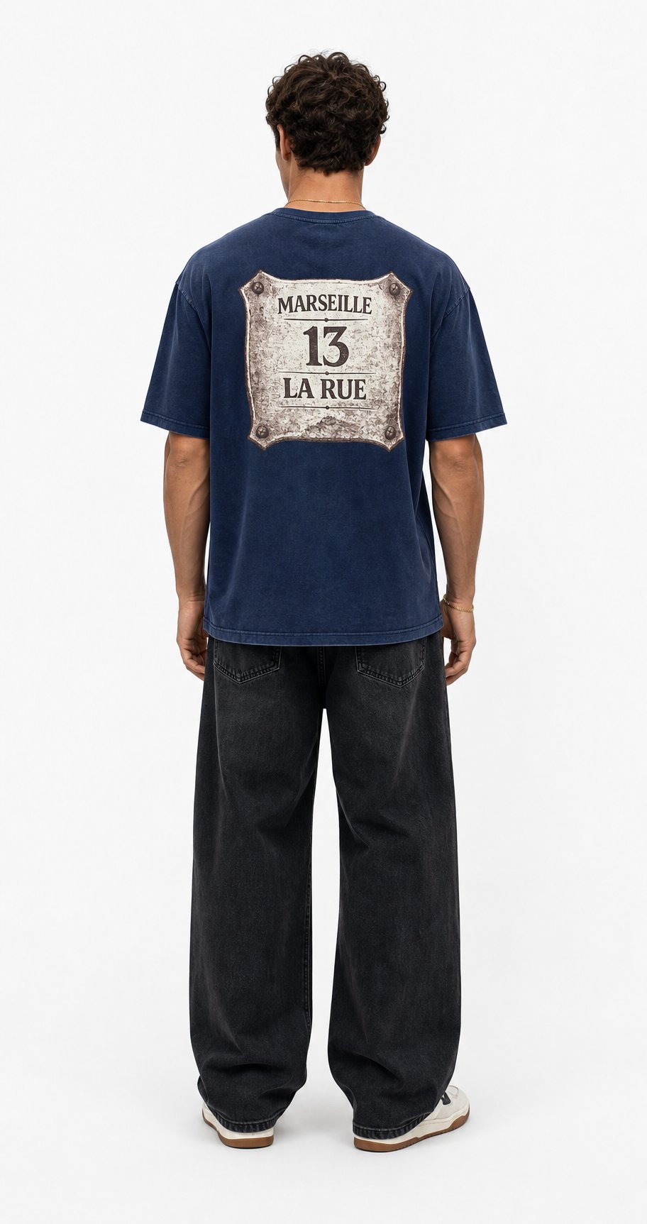 Erkek Marseille Baskılı Yıkamalı Oversize T-Shirt Lacivert