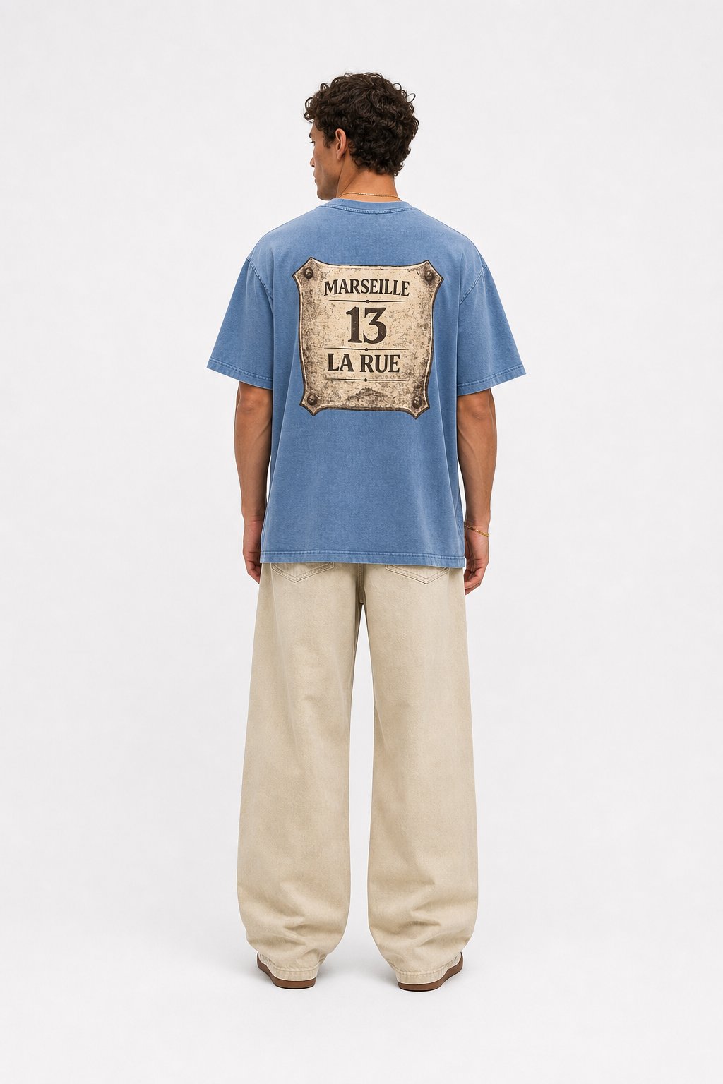 Erkek Marseille Baskılı Yıkamalı Oversize T-Shirt Bebe Mavi
