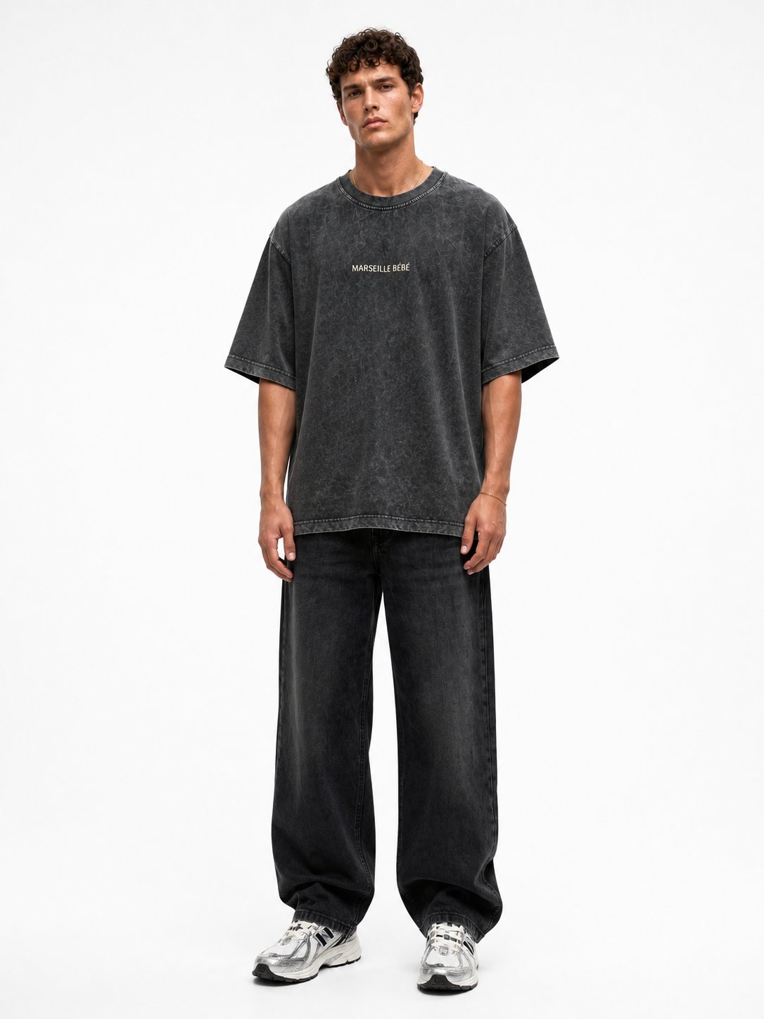 Erkek Marseille Baskılı Yıkamalı Oversize T-Shirt Siyah