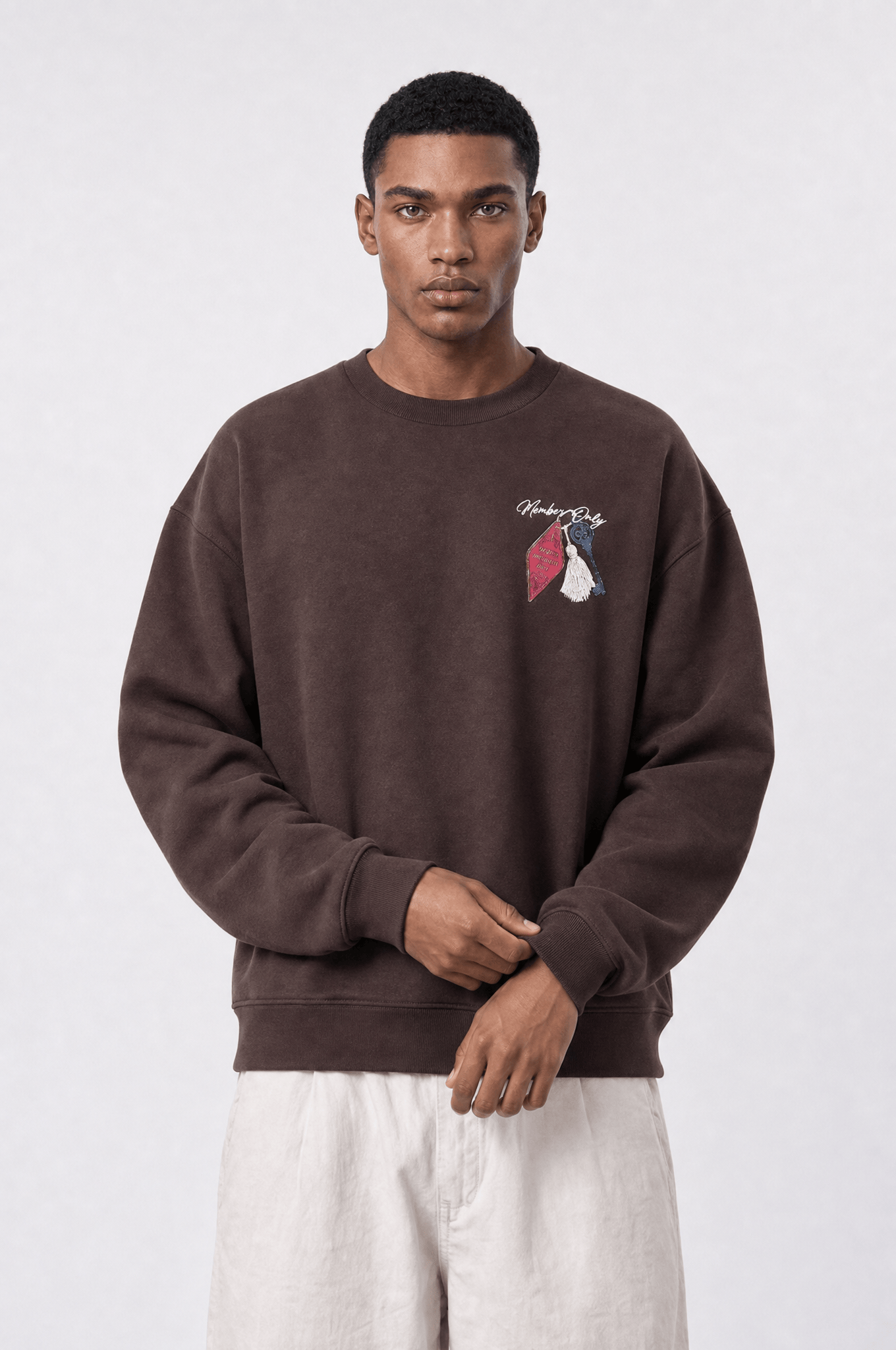 Erkek Members Only Baskılı Oversize Sweatshirt Kahve