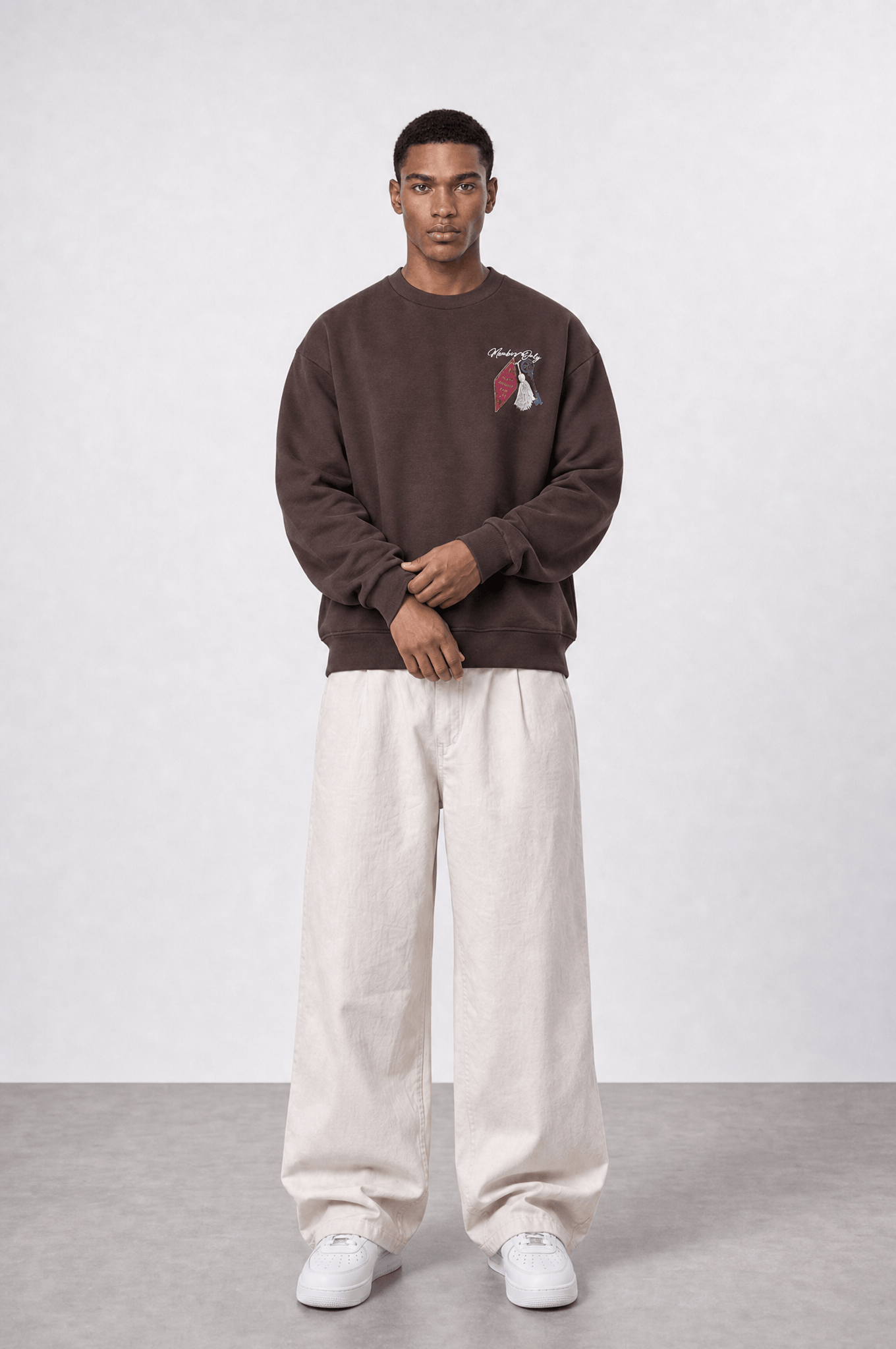 Erkek Members Only Baskılı Oversize Sweatshirt Kahve