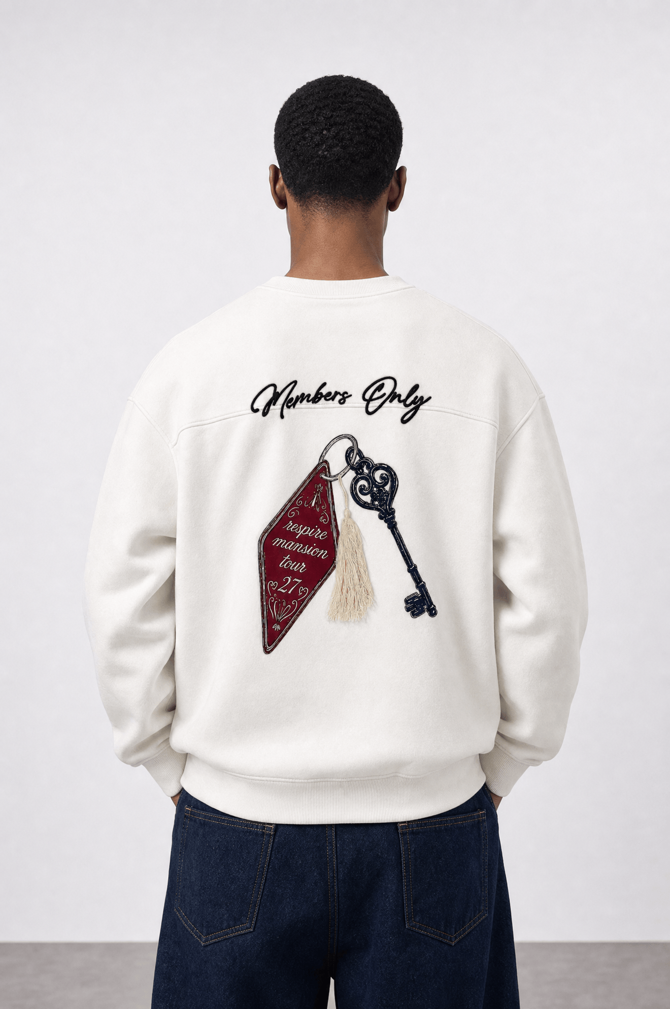 Erkek Members Only Baskılı Oversize Sweatshirt Ekru