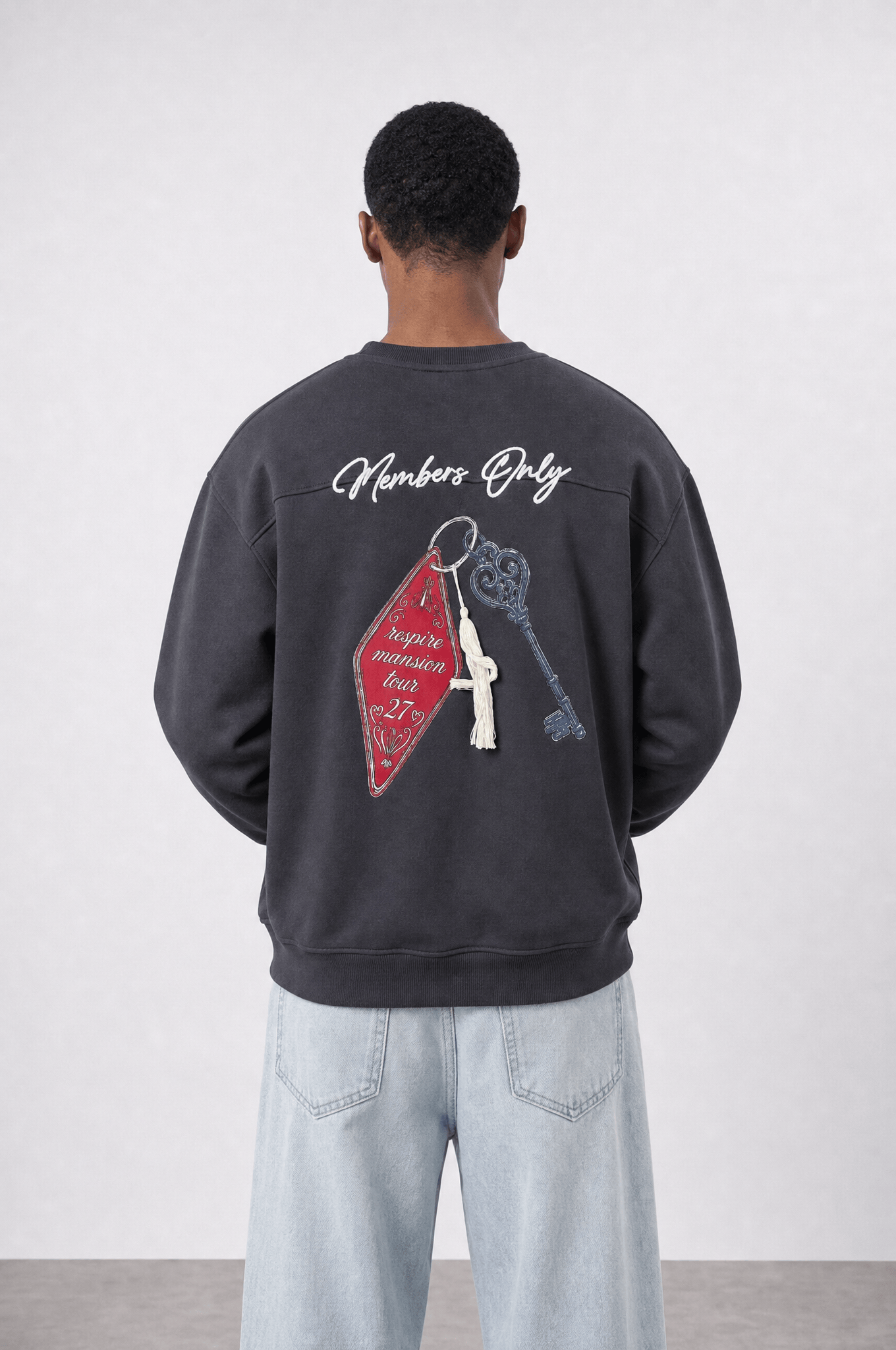 Erkek Members Only Baskılı Oversize Sweatshirt Füme
