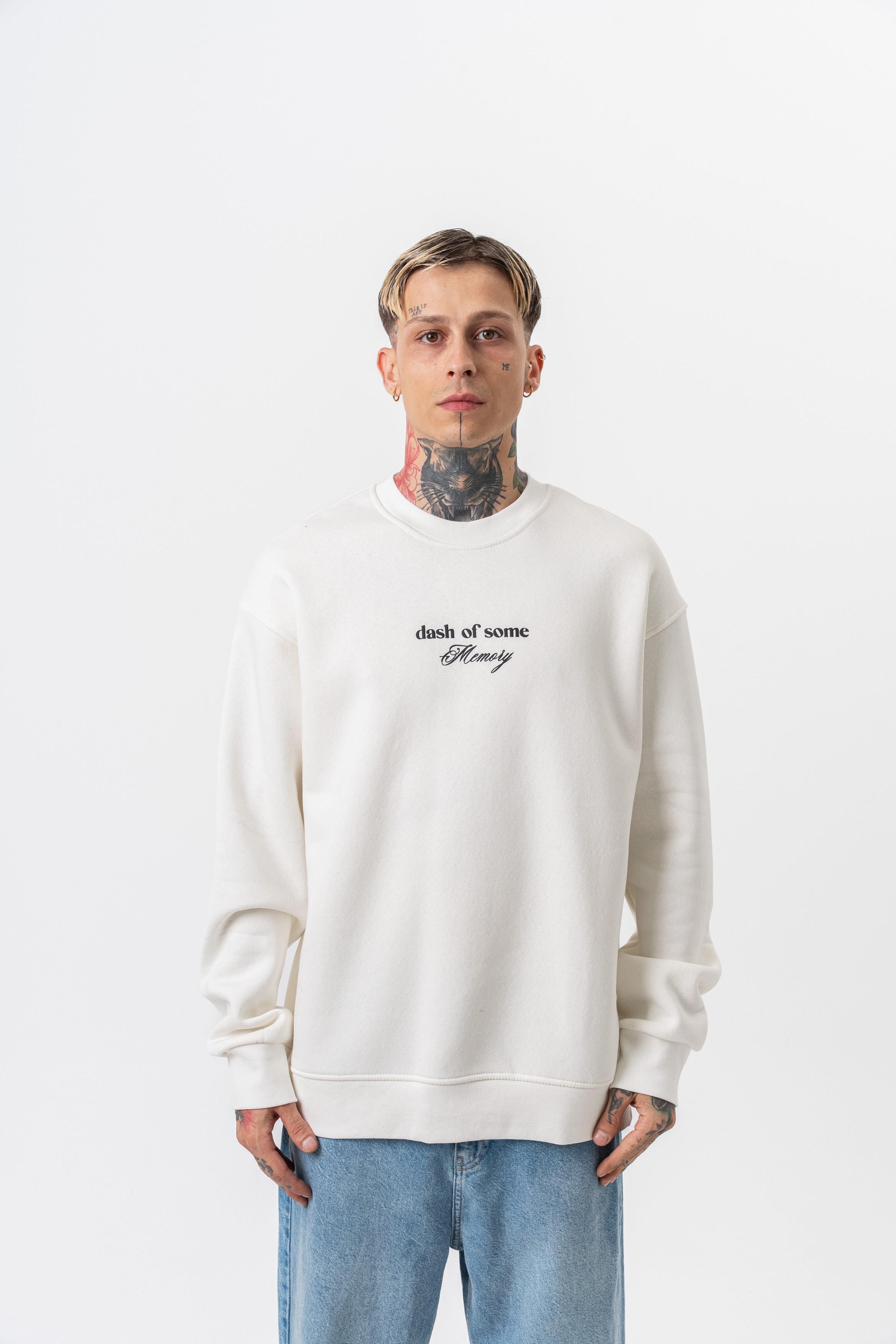 Erkek Memory Baskılı Bisiklet Yaka Oversize Sweatshirt Ekru