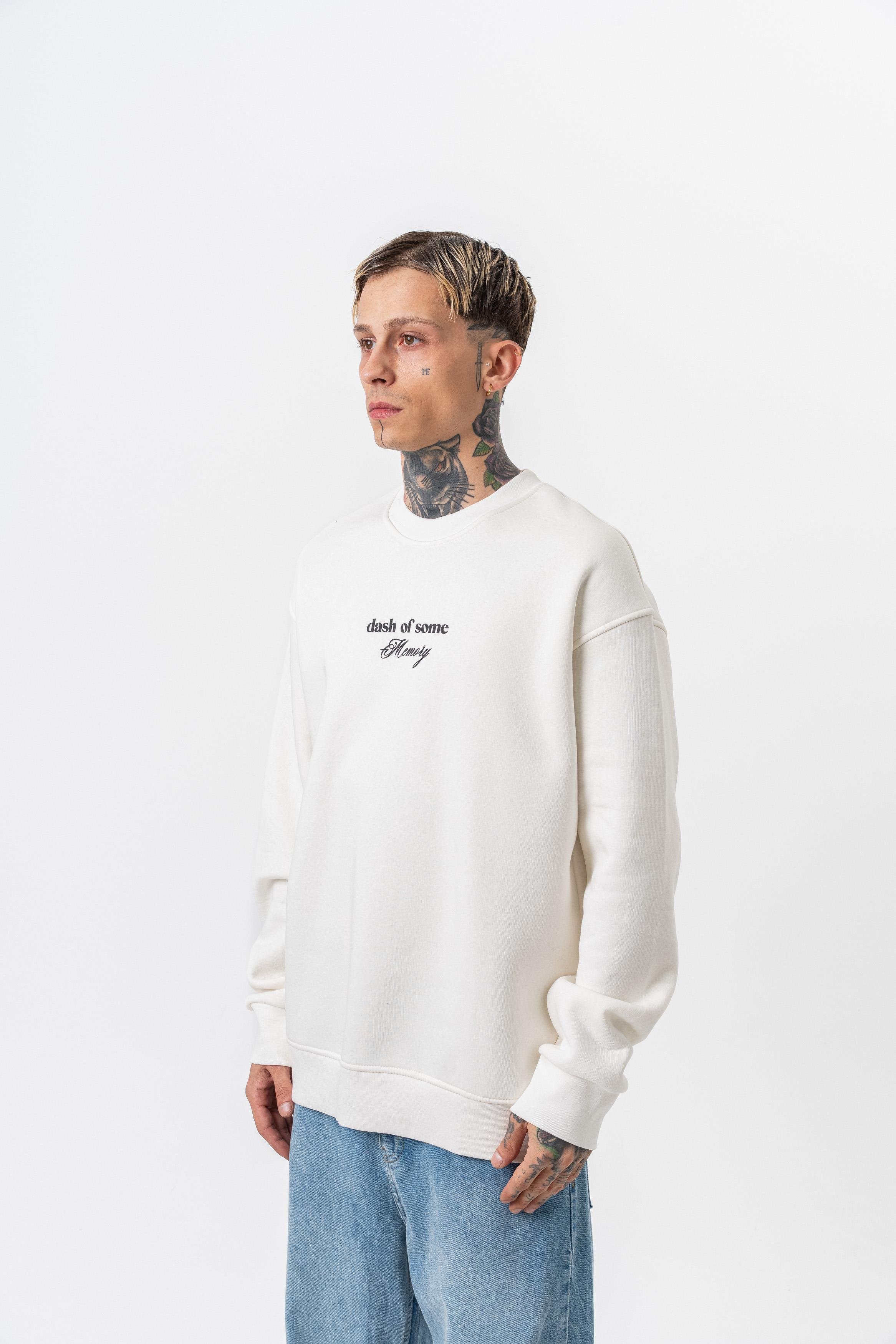 Erkek Memory Baskılı Bisiklet Yaka Oversize Sweatshirt Ekru