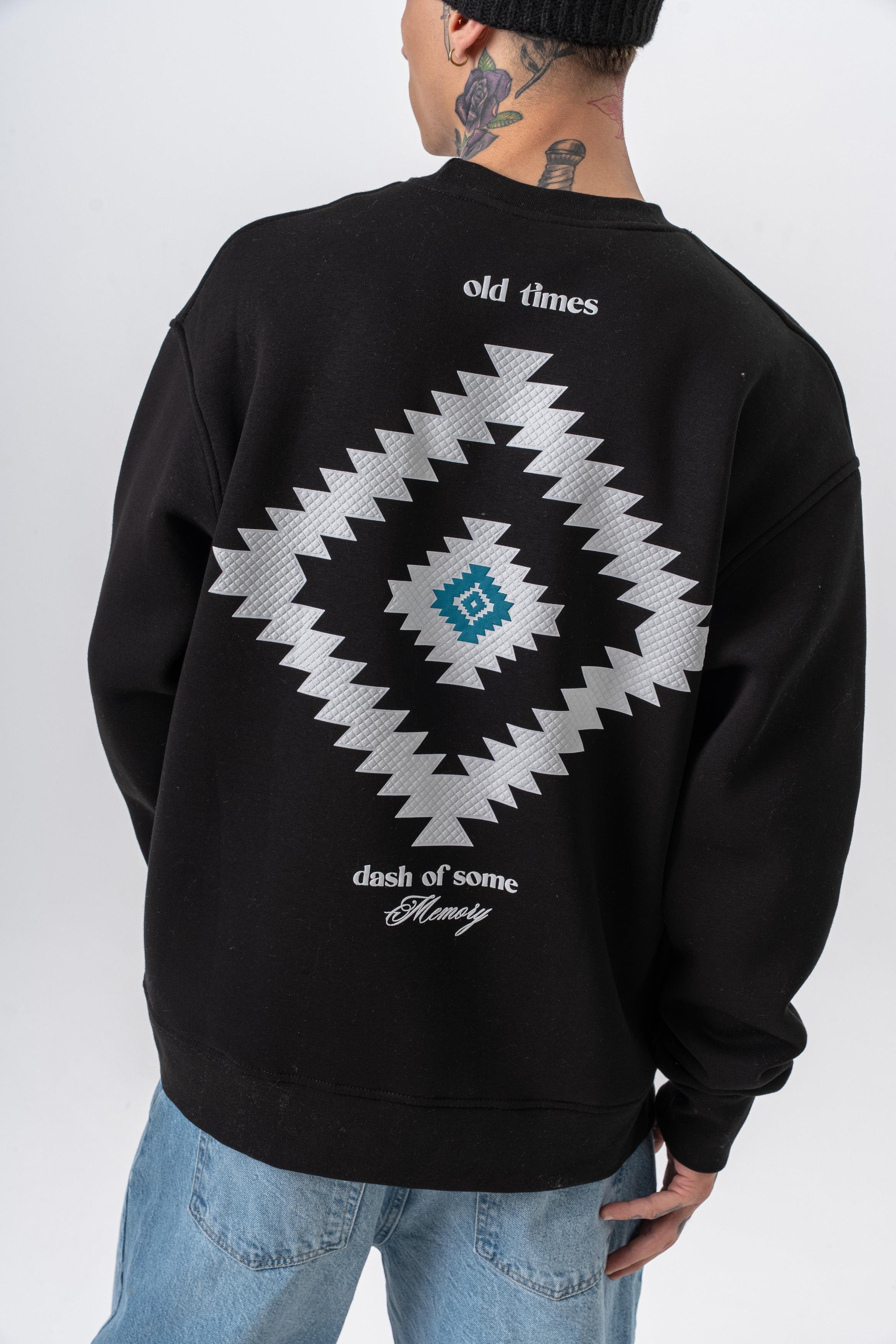 Erkek Memory Baskılı Bisiklet Yaka Oversize Sweatshirt Siyah