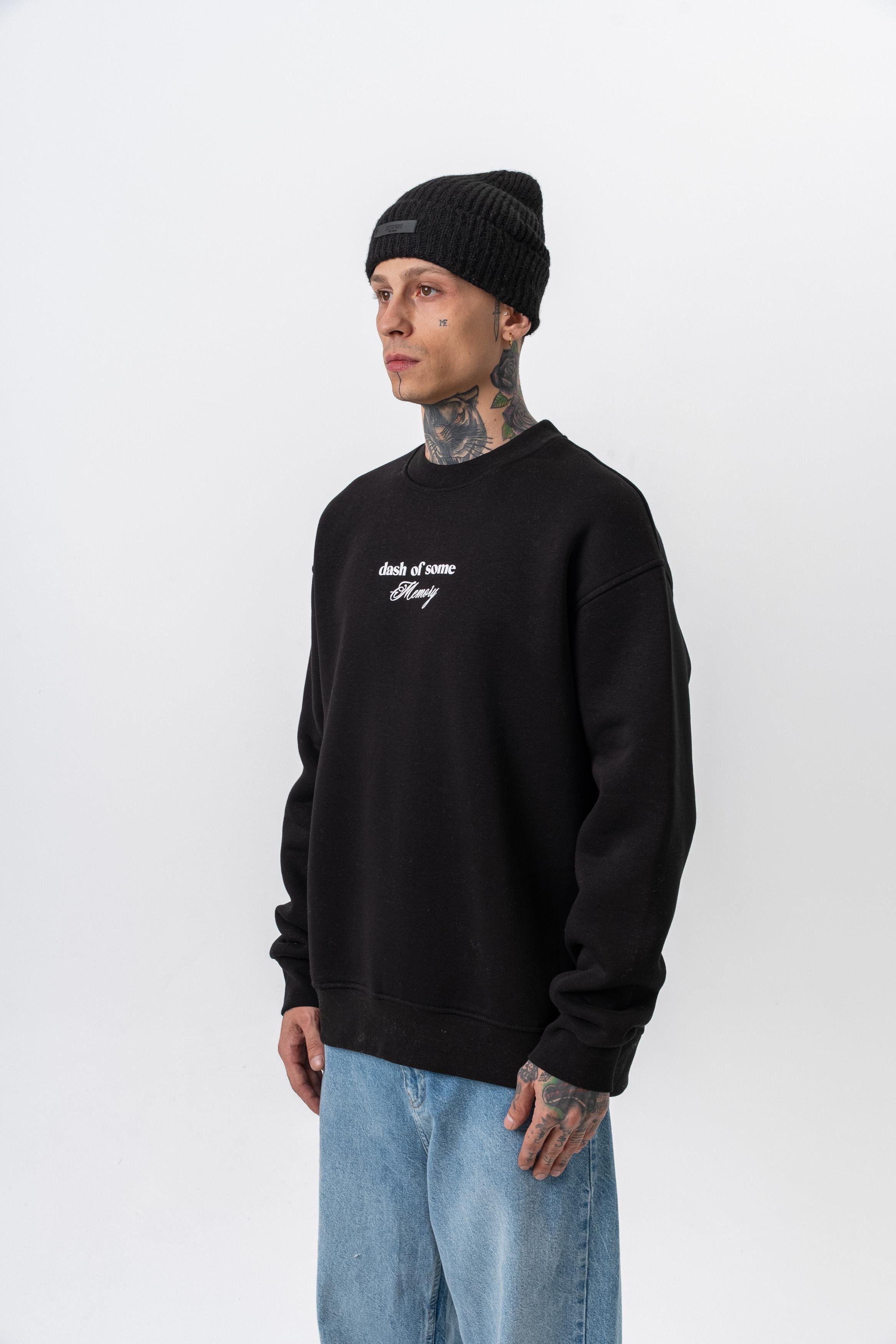 Erkek Memory Baskılı Bisiklet Yaka Oversize Sweatshirt Siyah