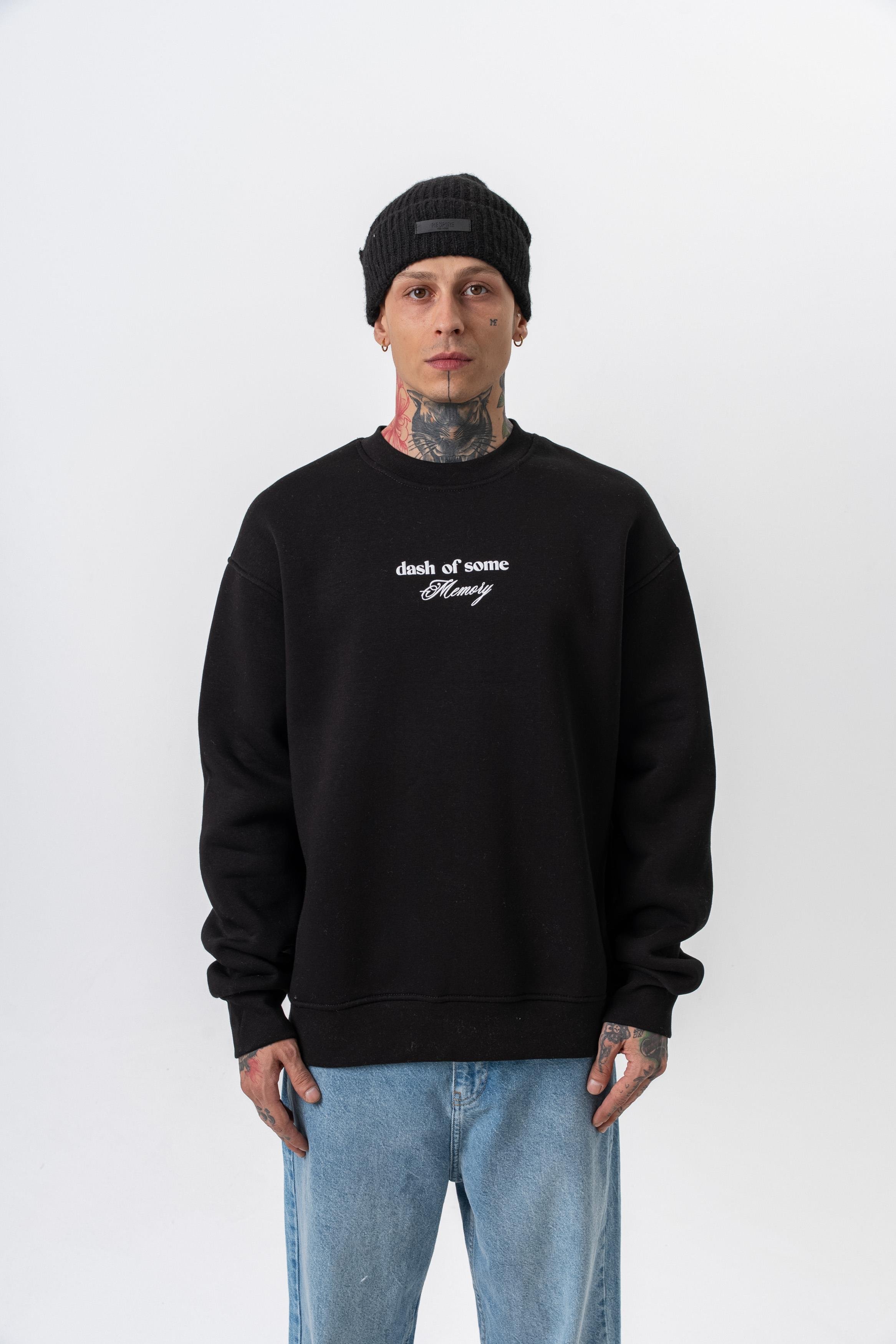 Erkek Memory Baskılı Bisiklet Yaka Oversize Sweatshirt Siyah