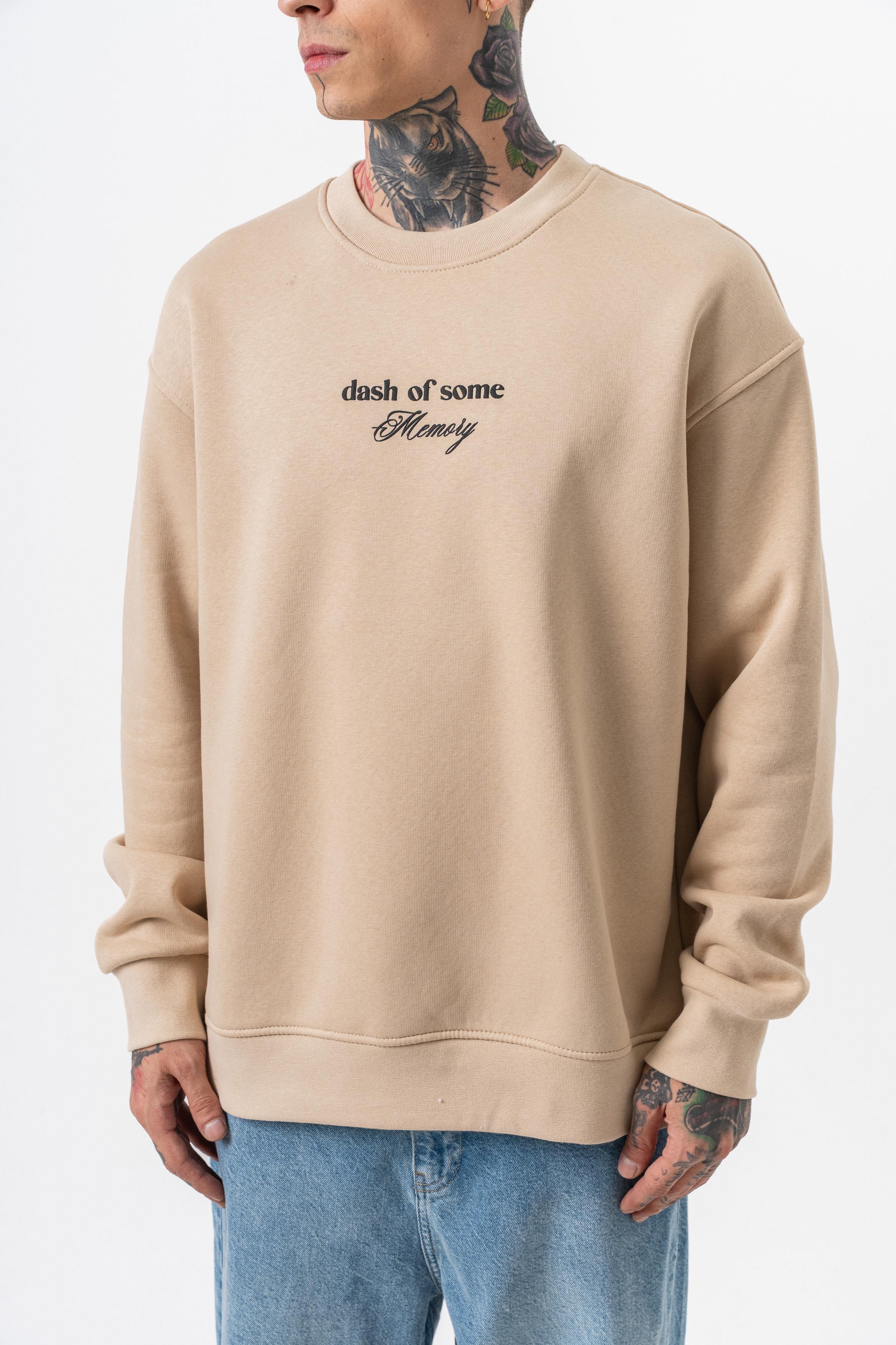 Erkek Memory Baskılı Bisiklet Yaka Oversize Sweatshirt Bej