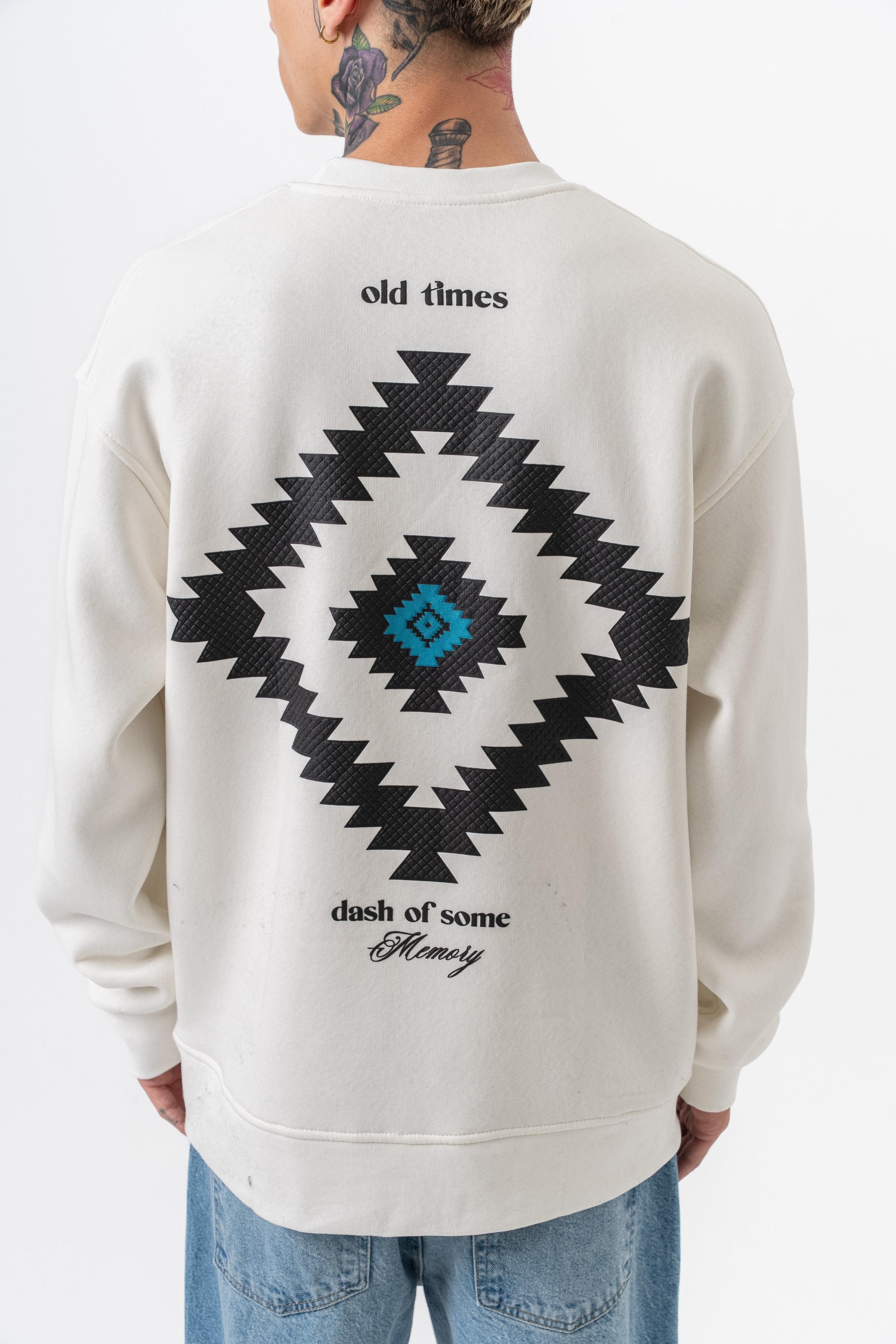 Erkek Memory Baskılı Bisiklet Yaka Oversize Sweatshirt Ekru