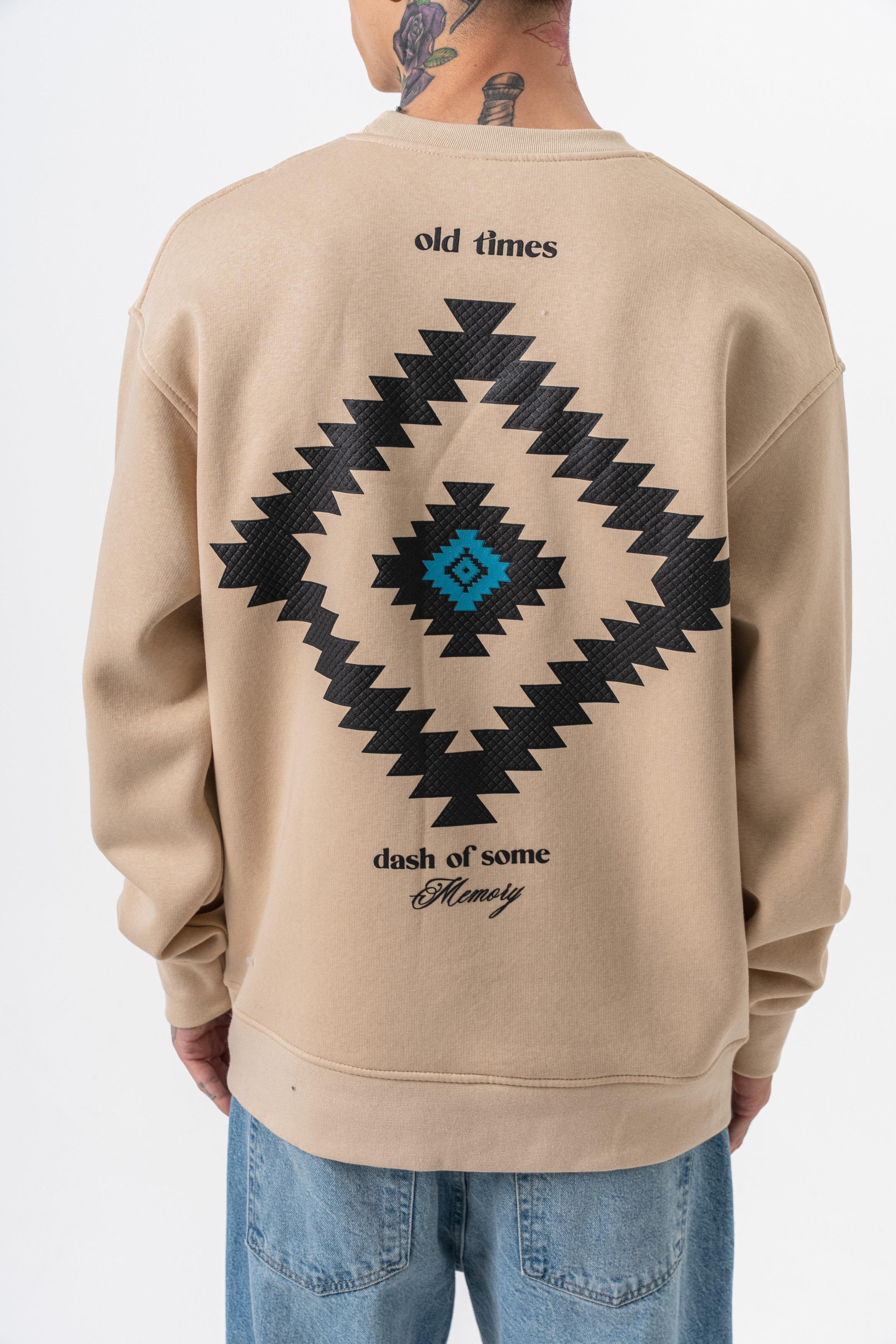 Erkek Memory Baskılı Bisiklet Yaka Oversize Sweatshirt Bej