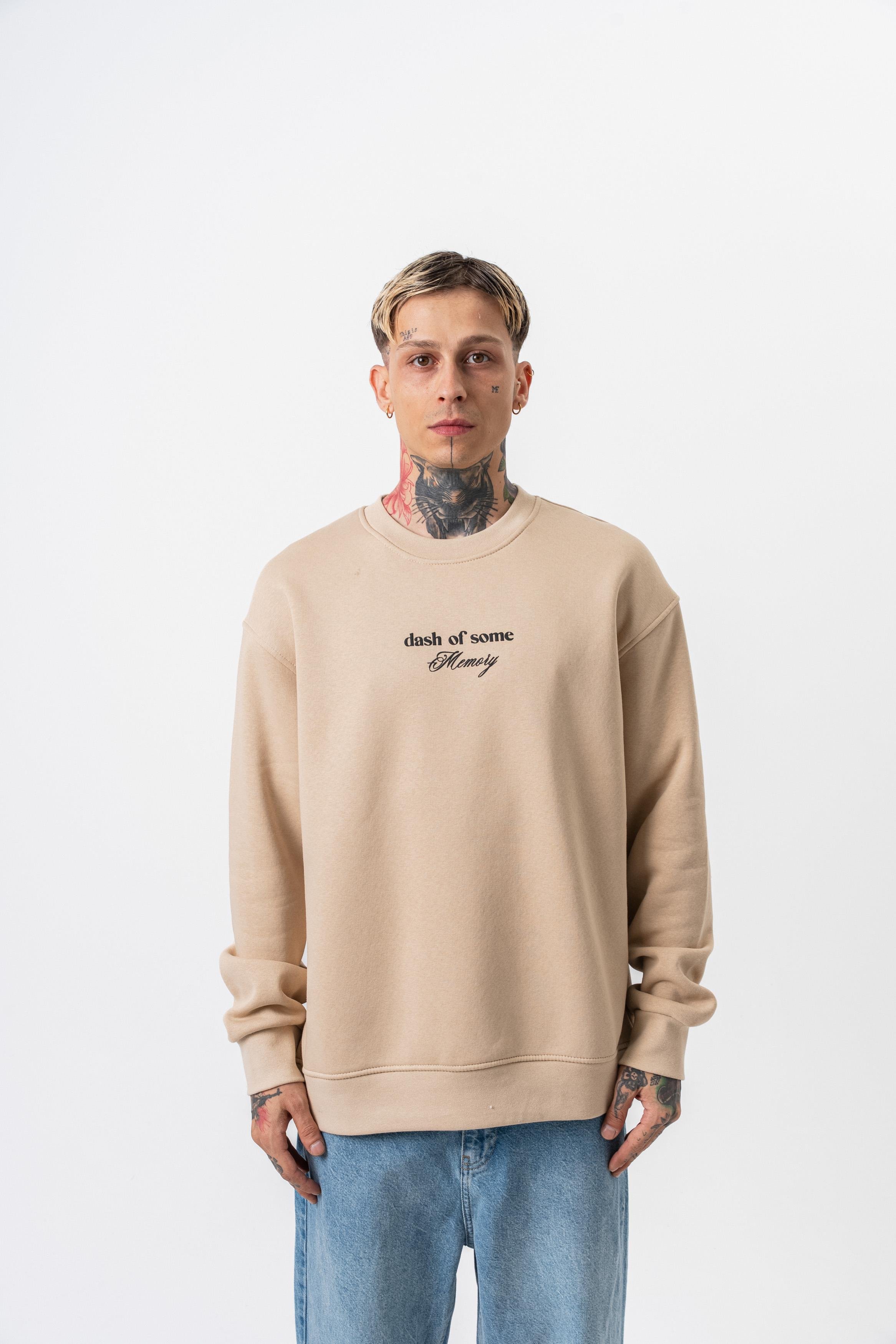 Erkek Memory Baskılı Bisiklet Yaka Oversize Sweatshirt Bej