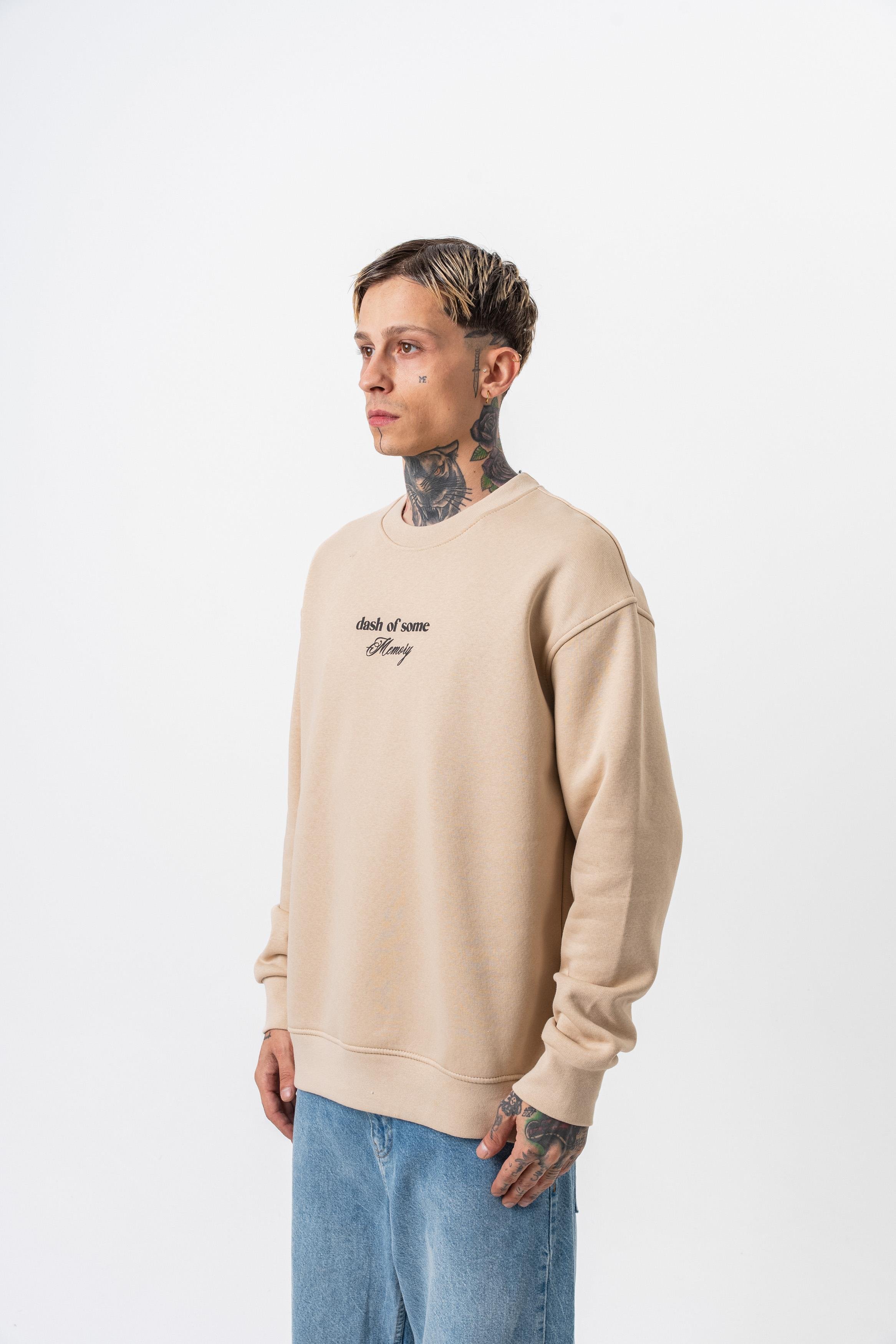 Erkek Memory Baskılı Bisiklet Yaka Oversize Sweatshirt Bej