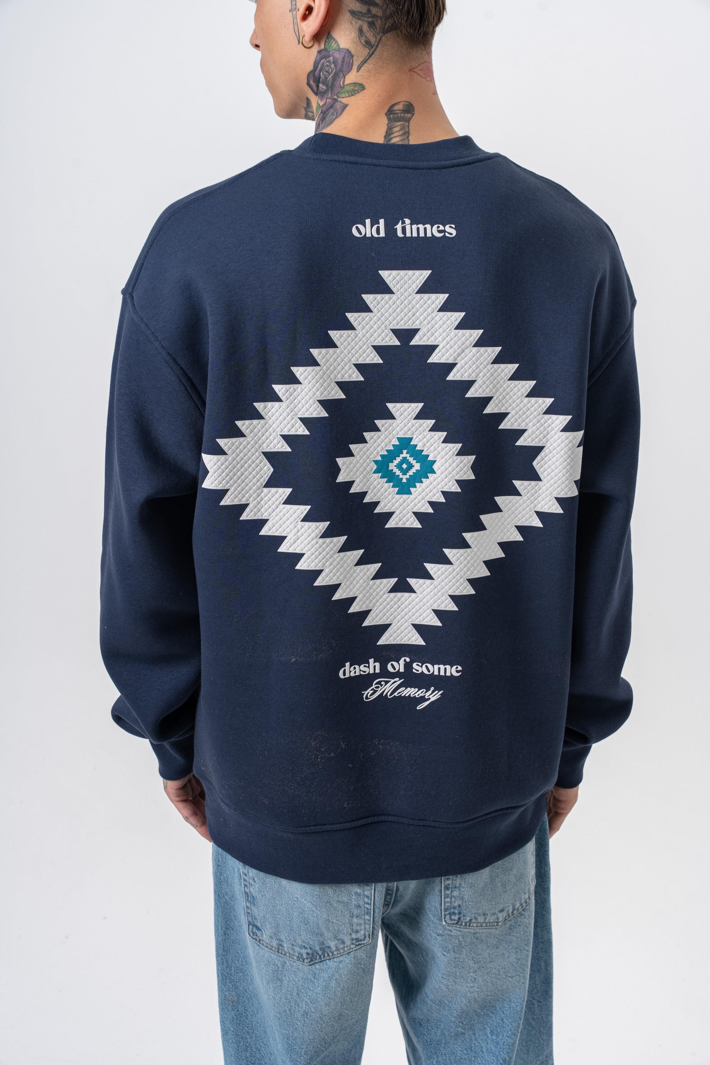 Erkek Memory Baskılı Bisiklet Yaka Oversize Sweatshirt Lacivert