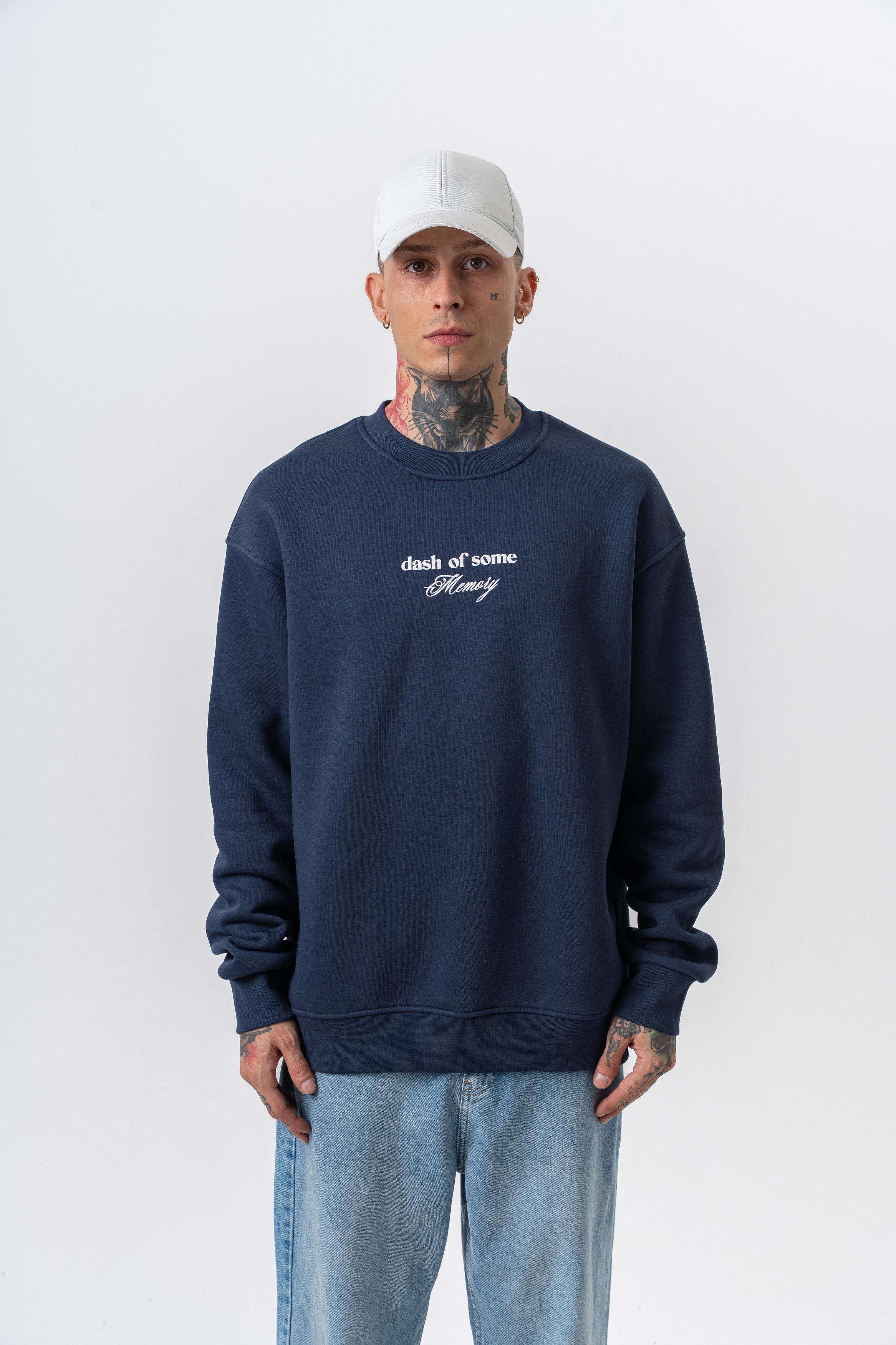 Erkek Memory Baskılı Bisiklet Yaka Oversize Sweatshirt Lacivert