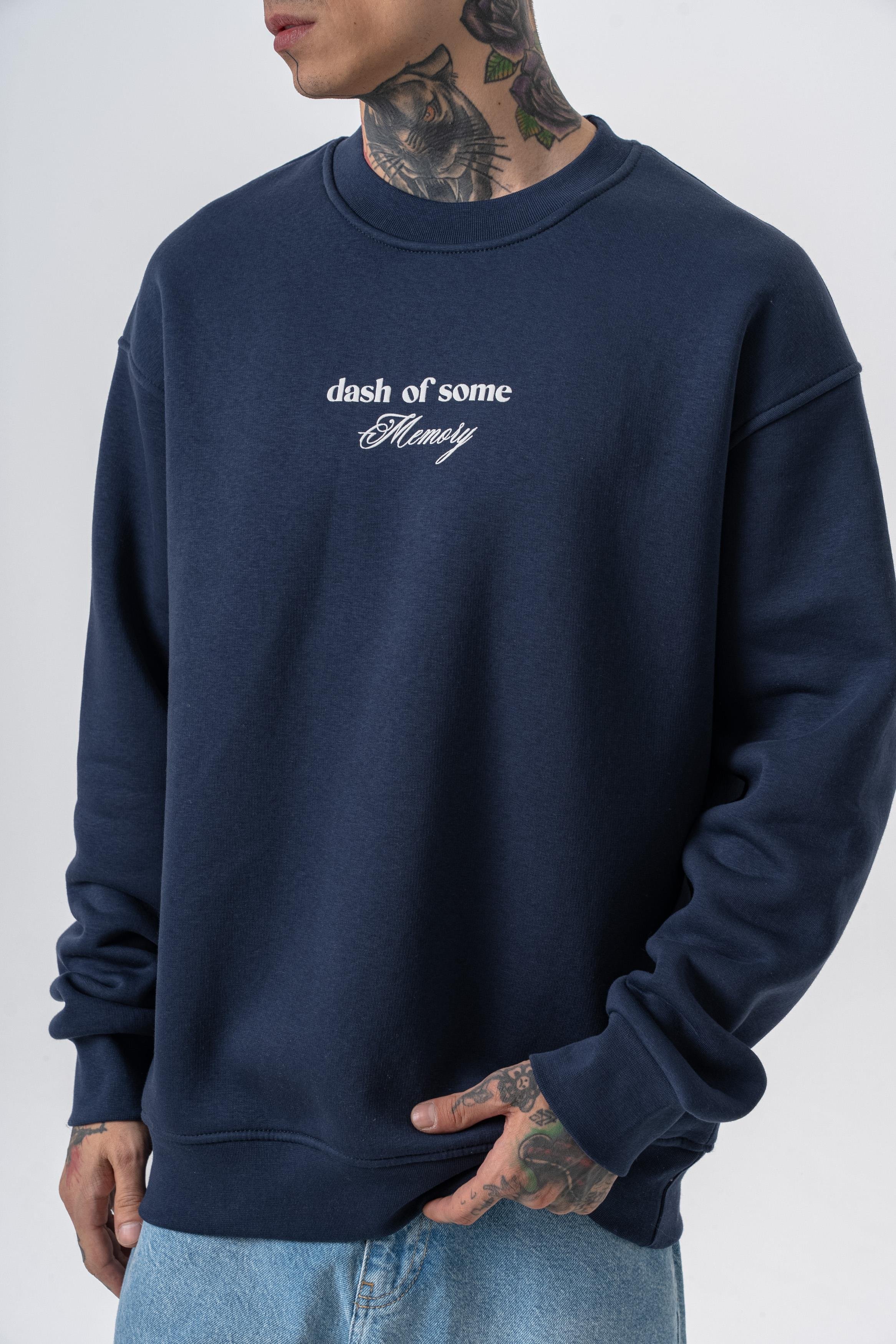 Erkek Memory Baskılı Bisiklet Yaka Oversize Sweatshirt Lacivert
