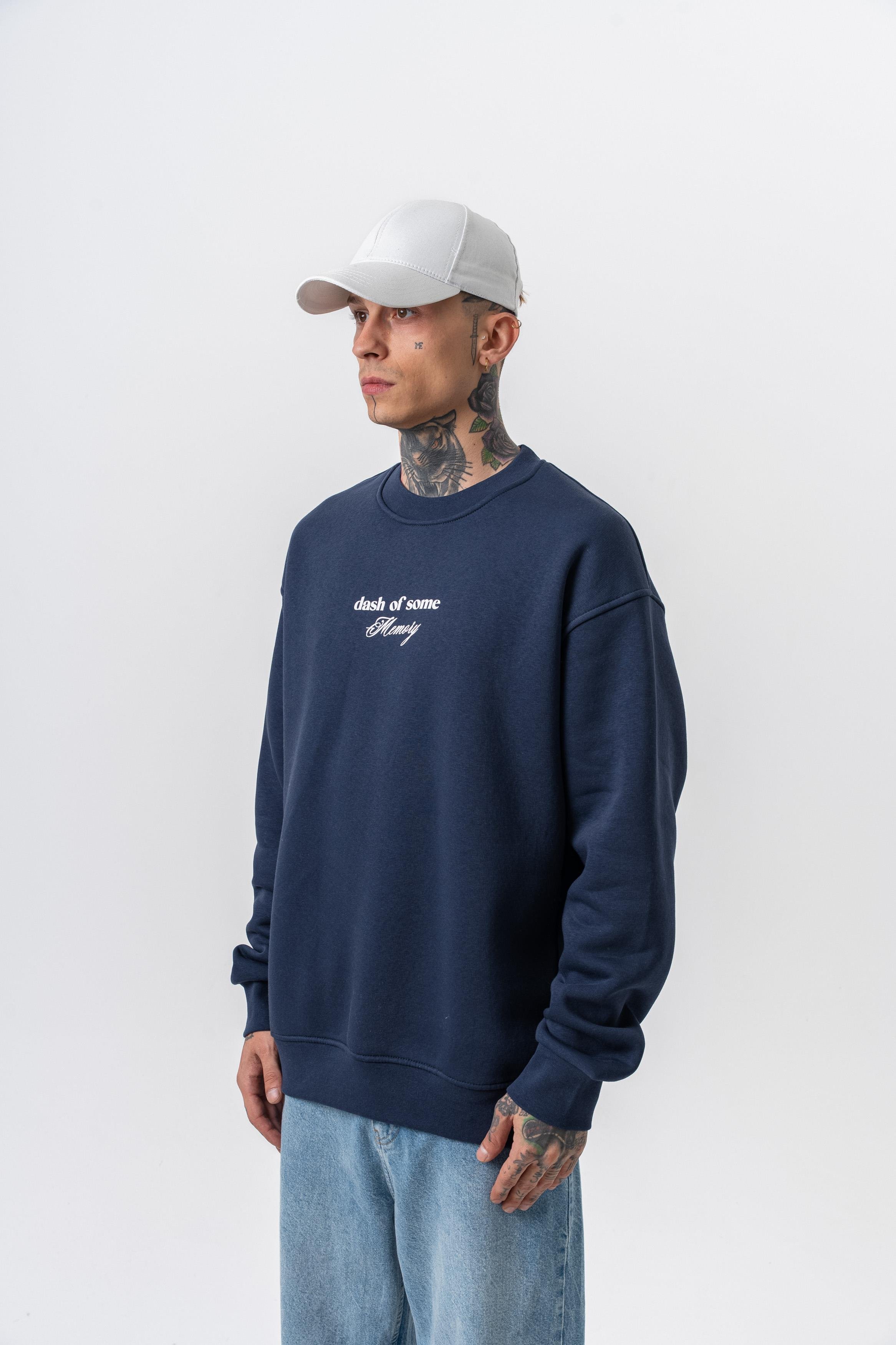Erkek Memory Baskılı Bisiklet Yaka Oversize Sweatshirt Lacivert