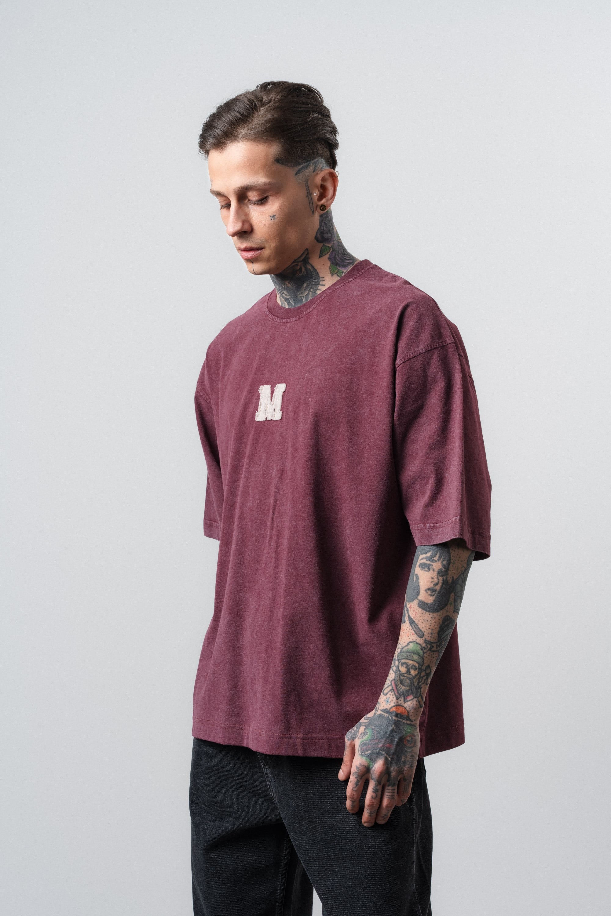 Erkek Mercy Nakışlı Yıkamalı Oversize T-Shirt Bordo
