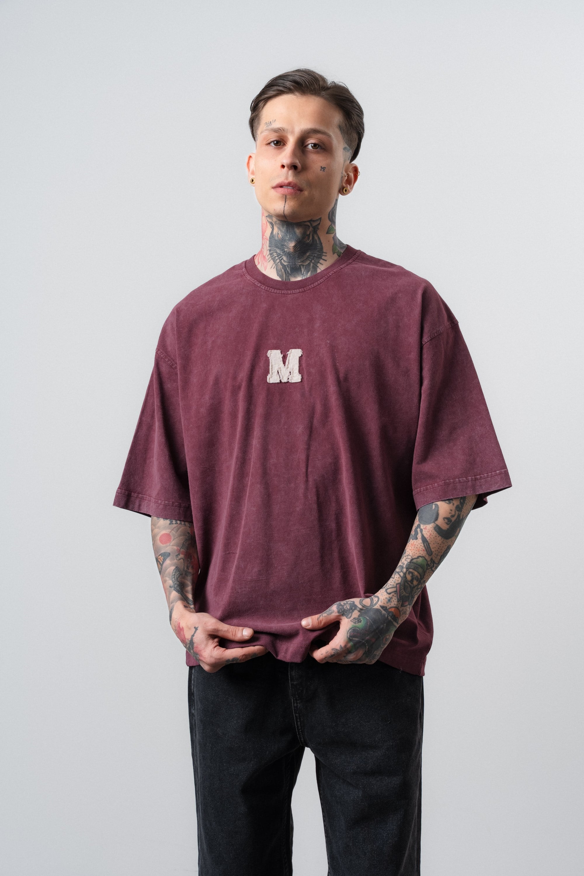 Erkek Mercy Nakışlı Yıkamalı Oversize T-Shirt Bordo