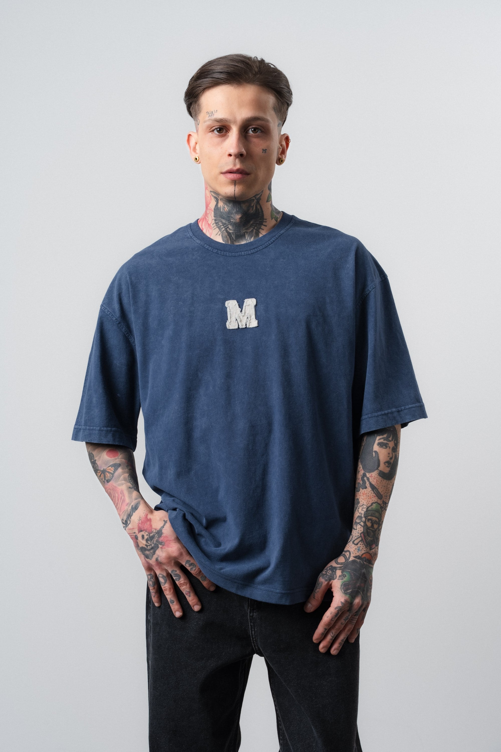 Erkek Mercy Nakışlı Yıkamalı Oversize T-Shirt Lacivert