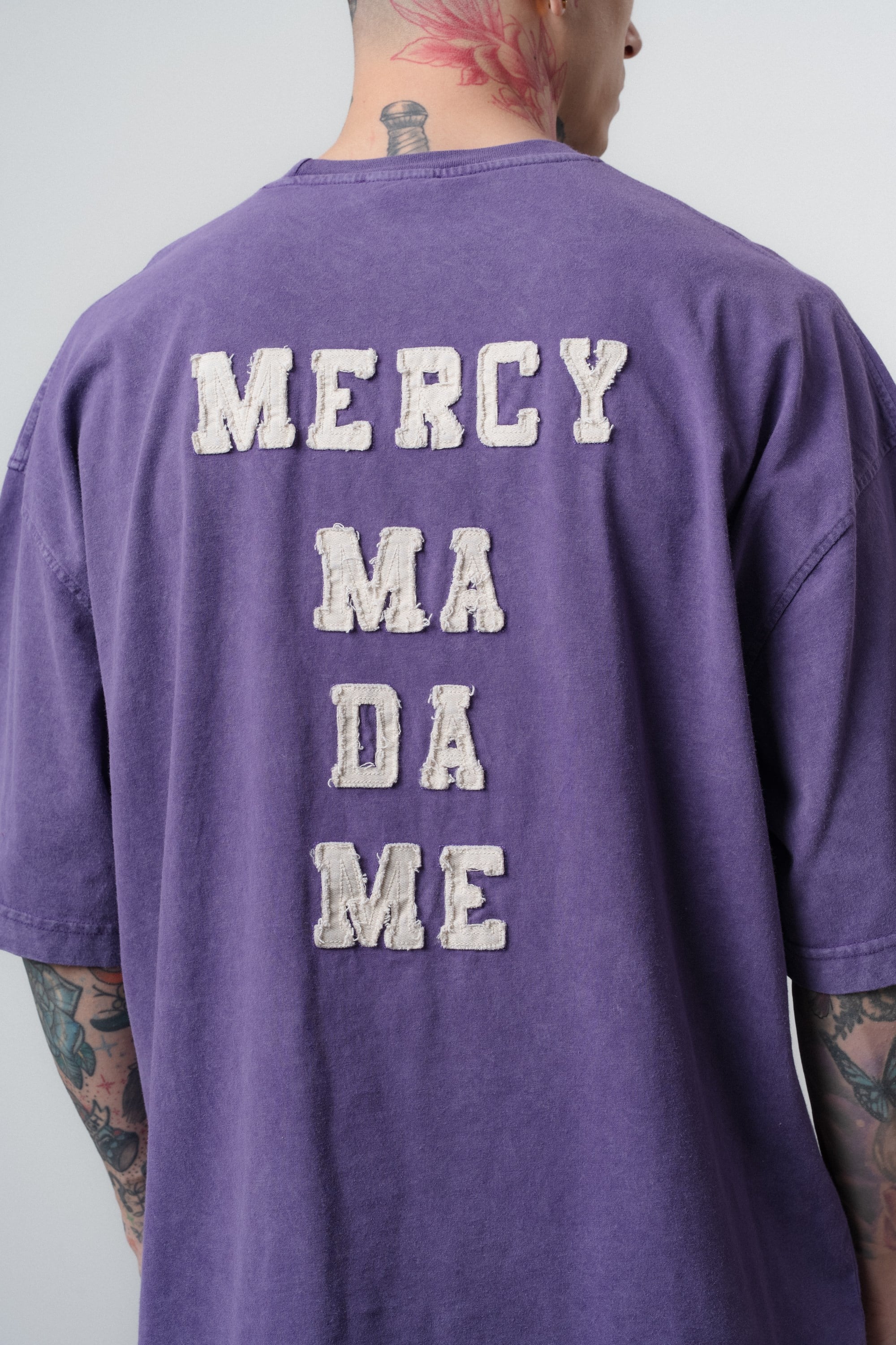 Erkek Mercy Nakışlı Yıkamalı Oversize T-Shirt Mor