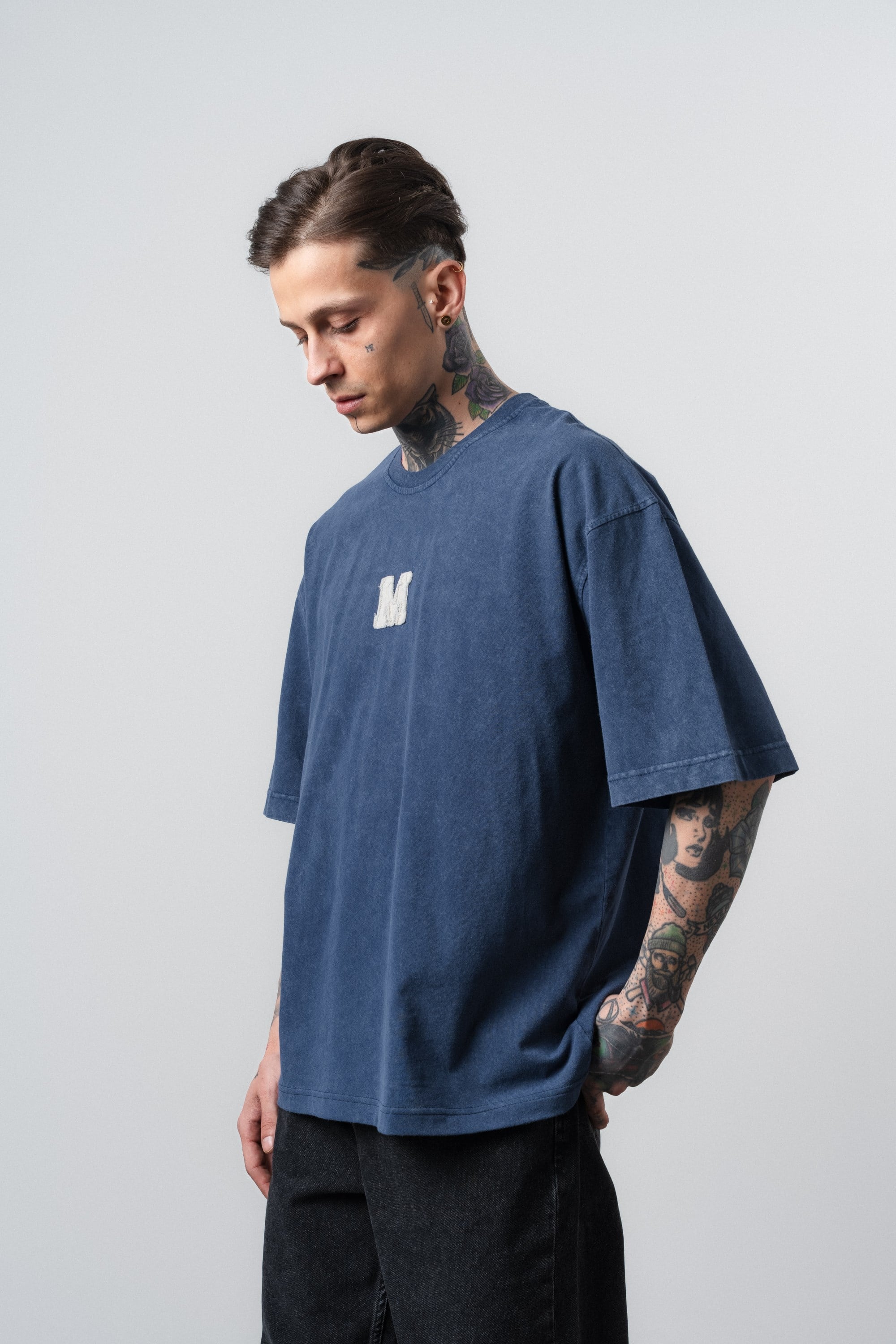 Erkek Mercy Nakışlı Yıkamalı Oversize T-Shirt Lacivert