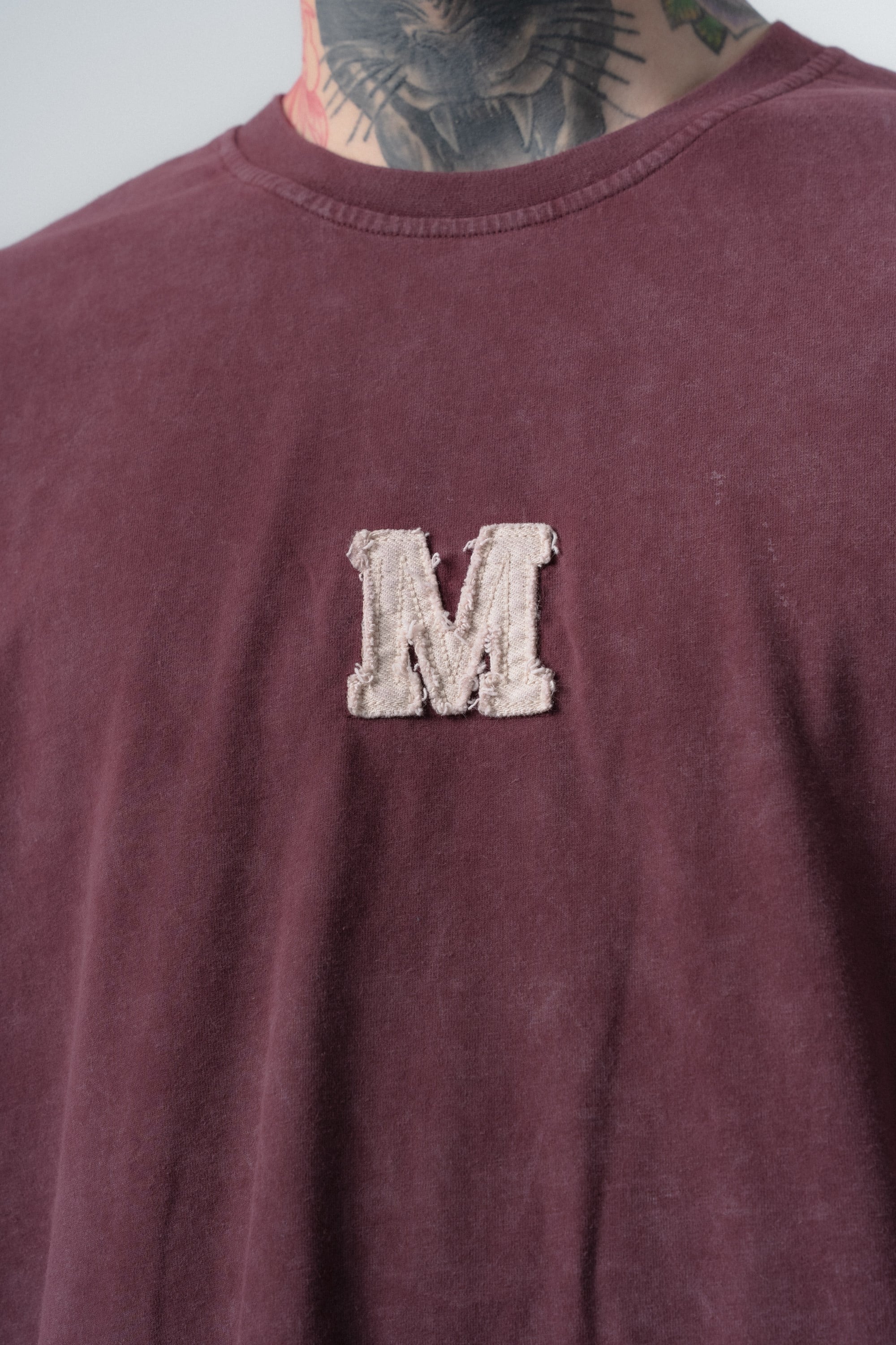 Erkek Mercy Nakışlı Yıkamalı Oversize T-Shirt Bordo