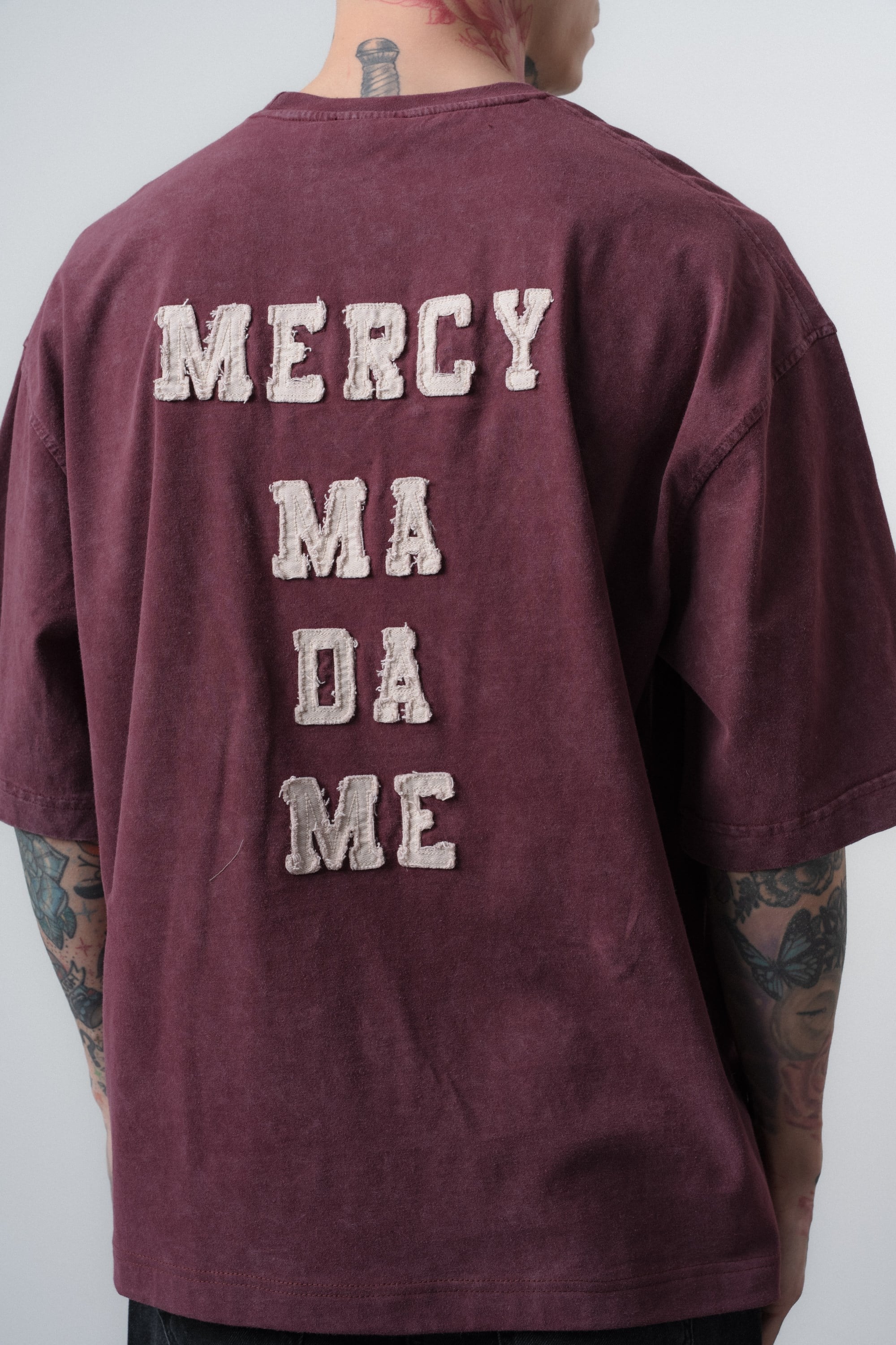 Erkek Mercy Nakışlı Yıkamalı Oversize T-Shirt Bordo