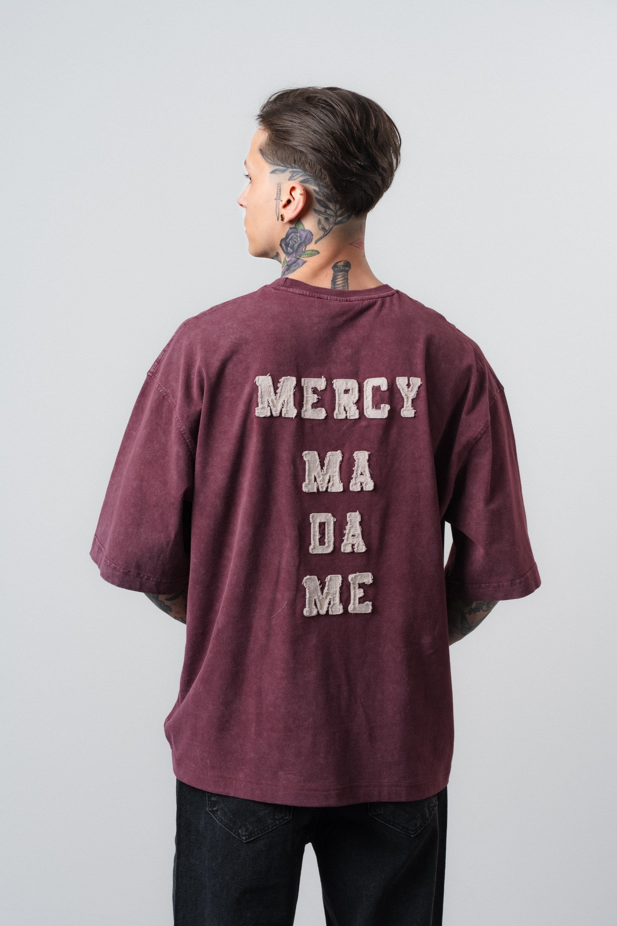 Erkek Mercy Nakışlı Yıkamalı Oversize T-Shirt Bordo