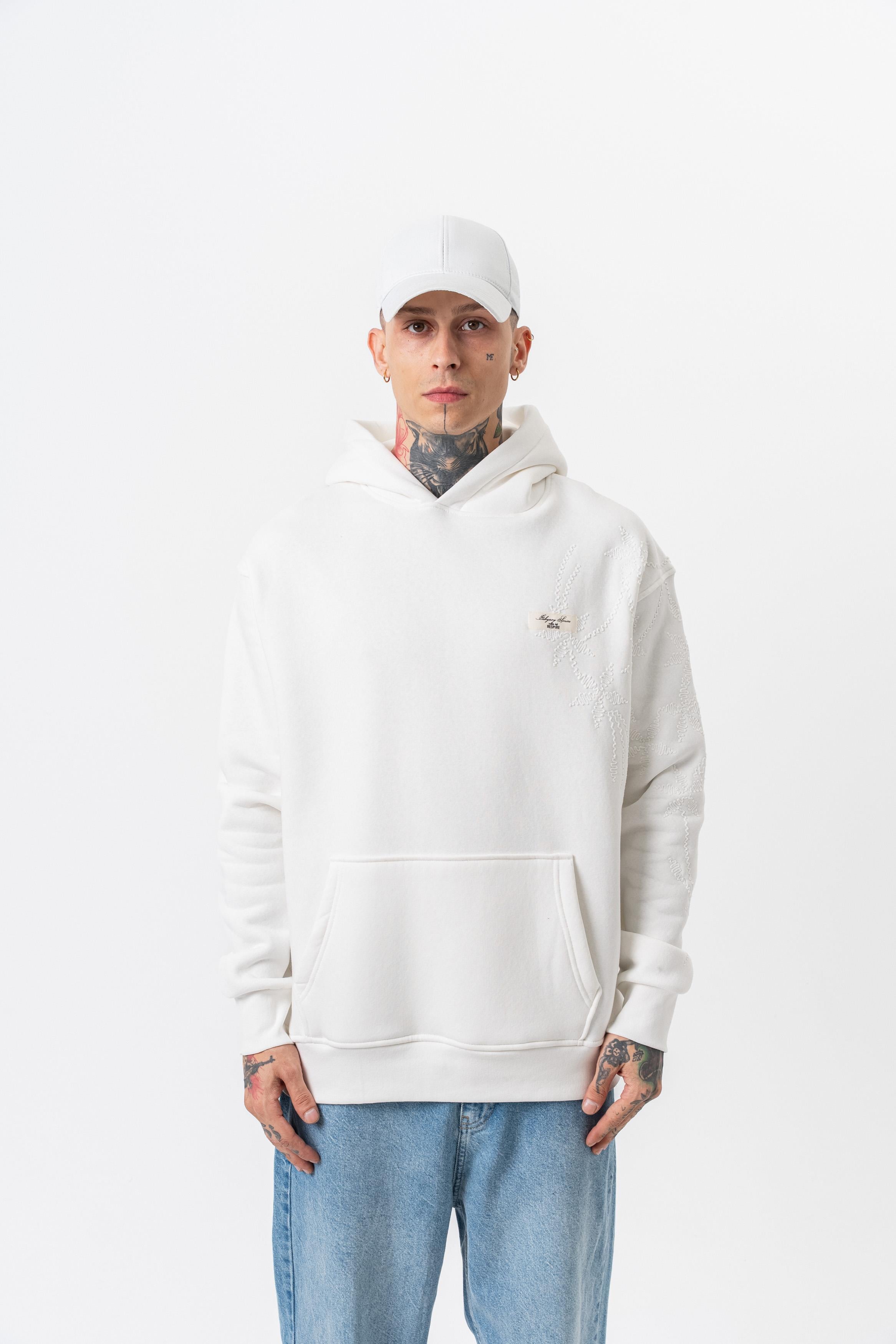 Erkek Minimalism Series Nakışlı Kapüşonlu Oversize Hoodie Ekru