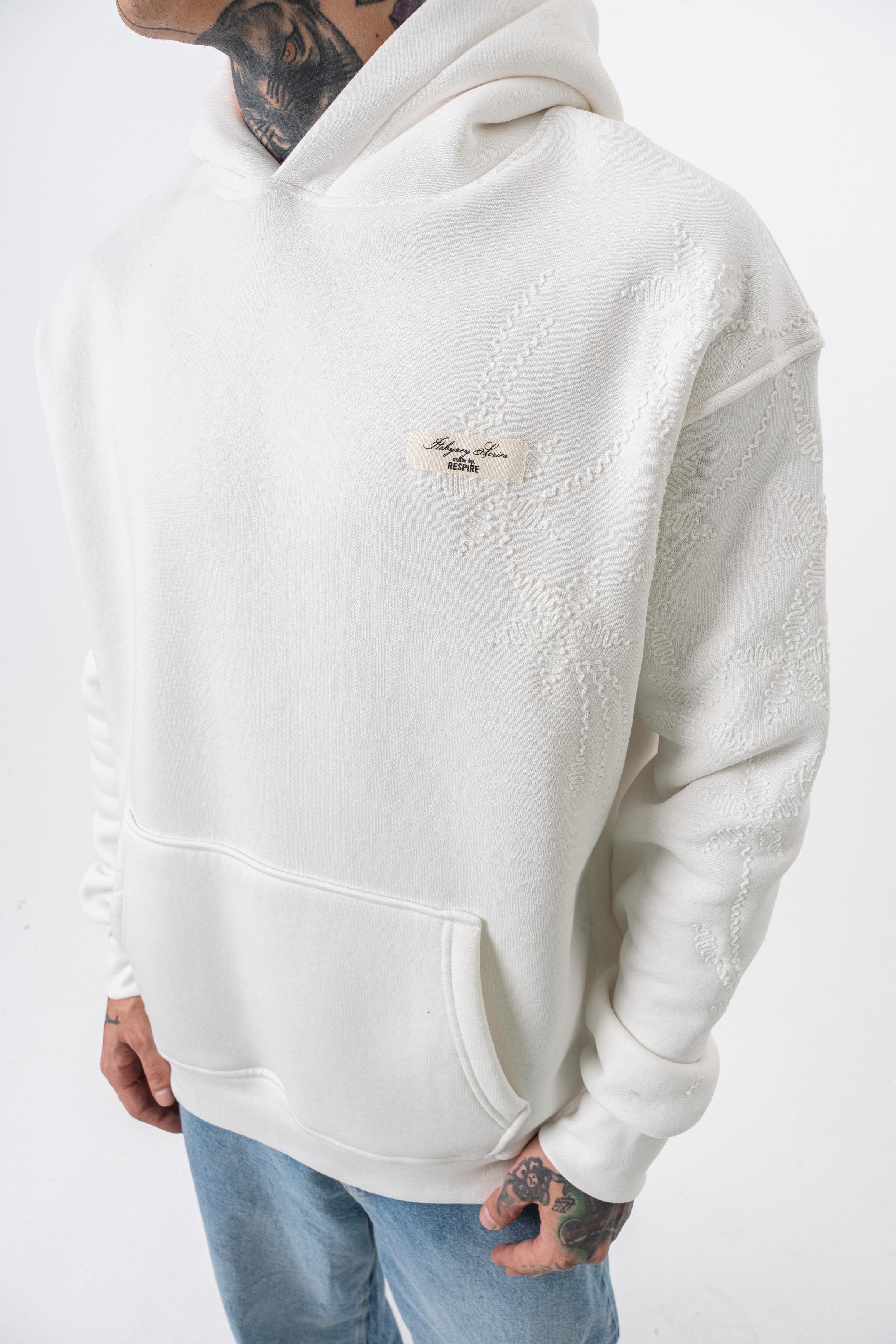 Erkek Minimalism Series Nakışlı Kapüşonlu Oversize Hoodie Ekru