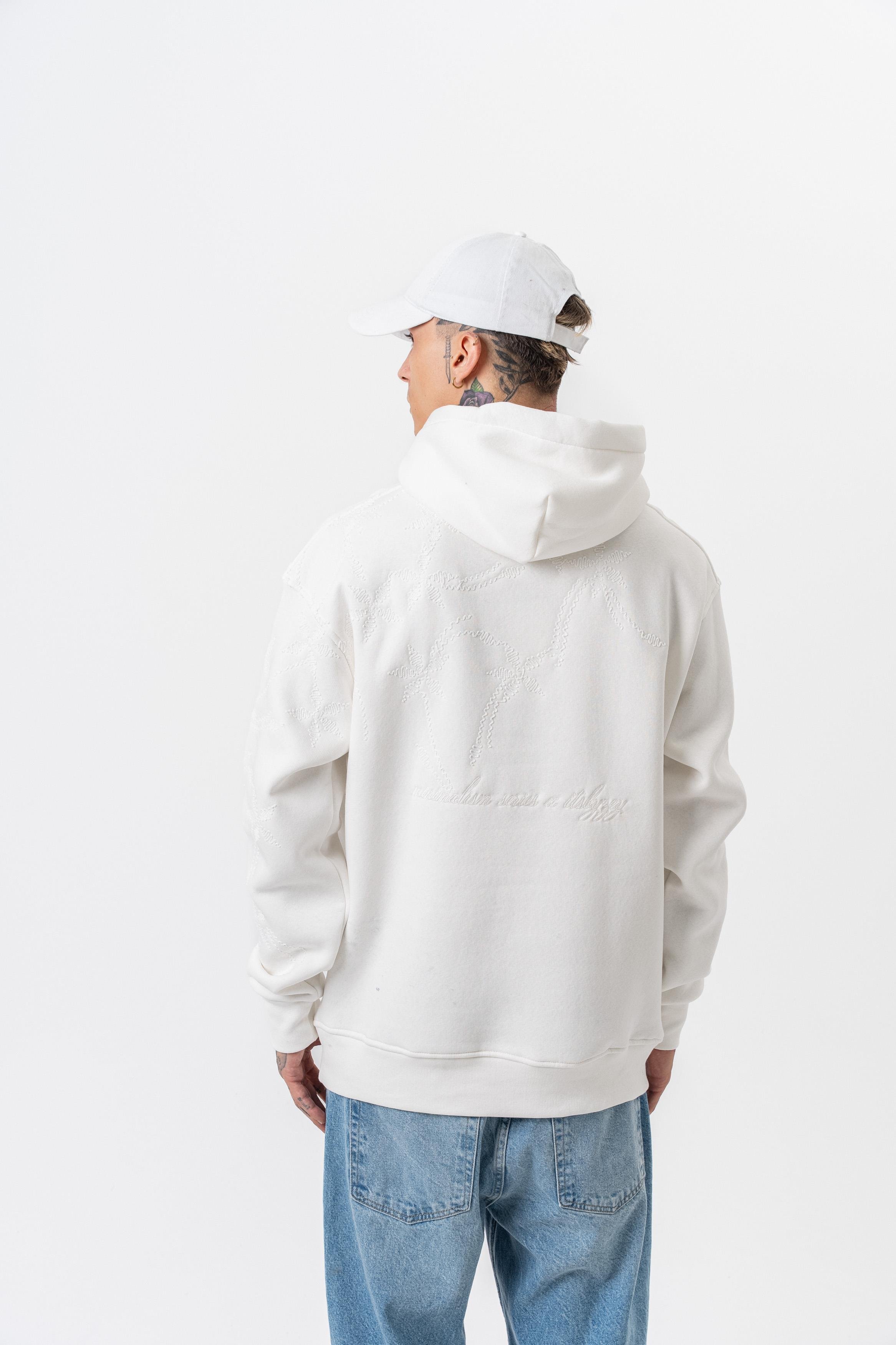 Erkek Minimalism Series Nakışlı Kapüşonlu Oversize Hoodie Ekru