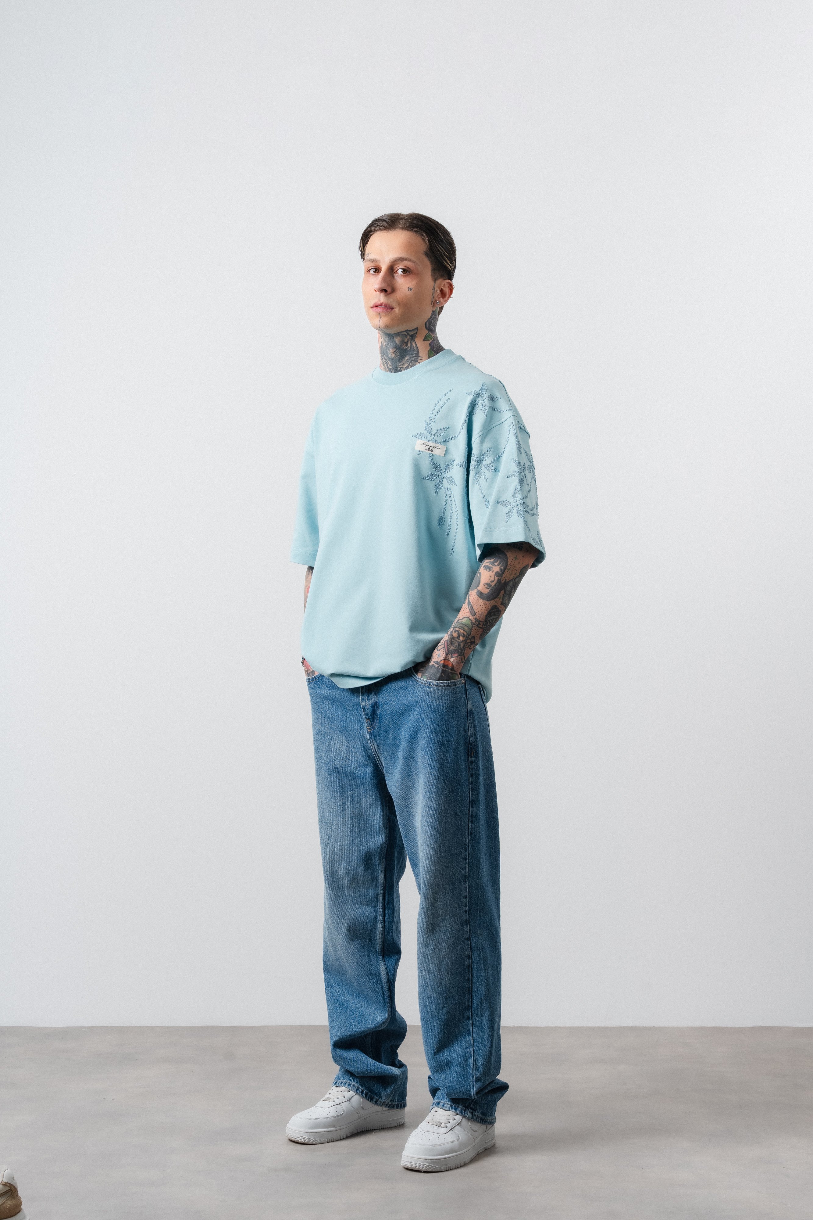 Erkek Minimalism Series Nakışlı Oversized T-Shirt Bebe Mavi