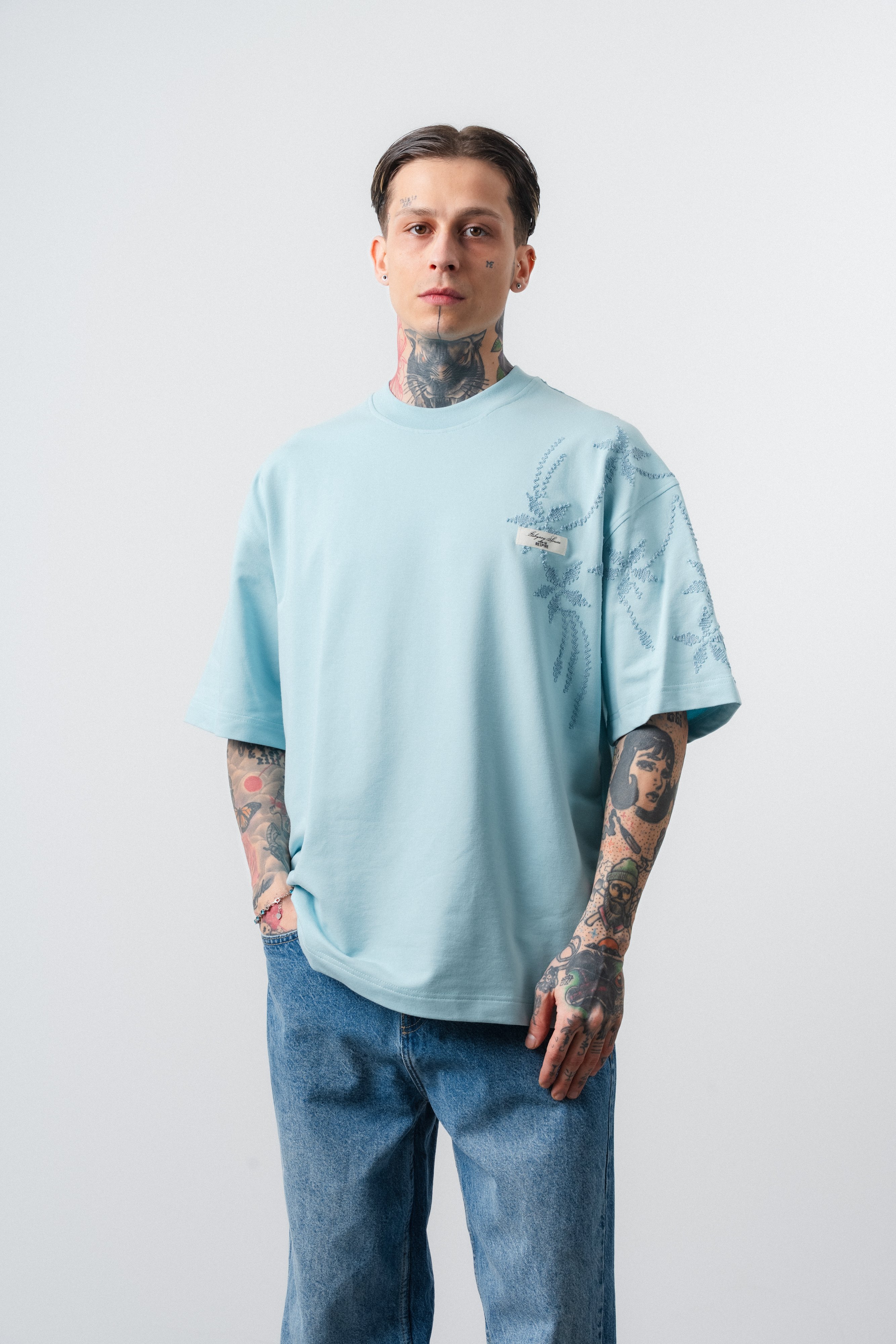 Erkek Minimalism Series Nakışlı Oversized T-Shirt Bebe Mavi