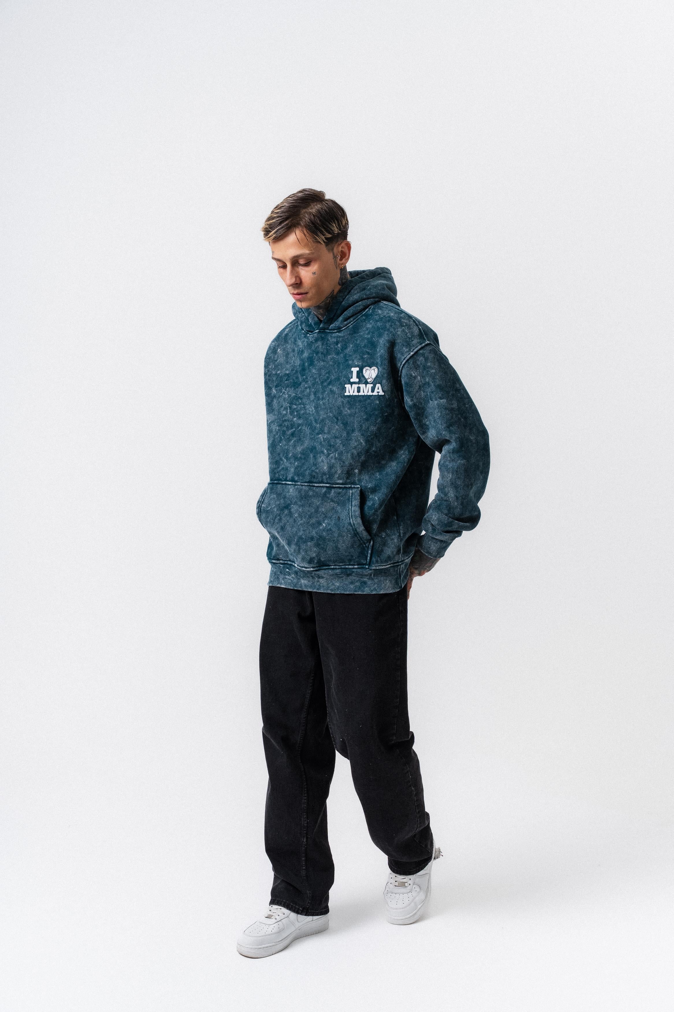 Erkek MMA Baskılı Kapüşonlu Oversize Hoodie Zümrüt