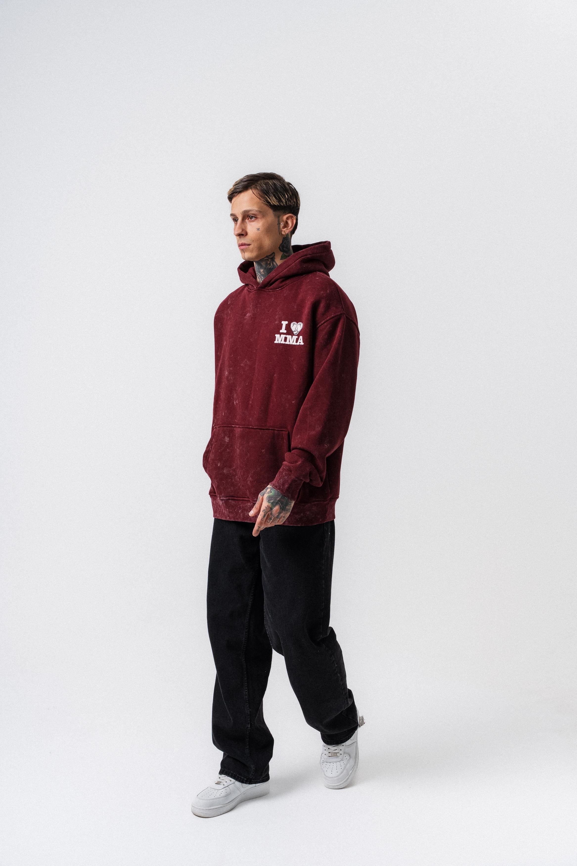 Erkek MMA Baskılı Kapüşonlu Oversize Hoodie Bordo