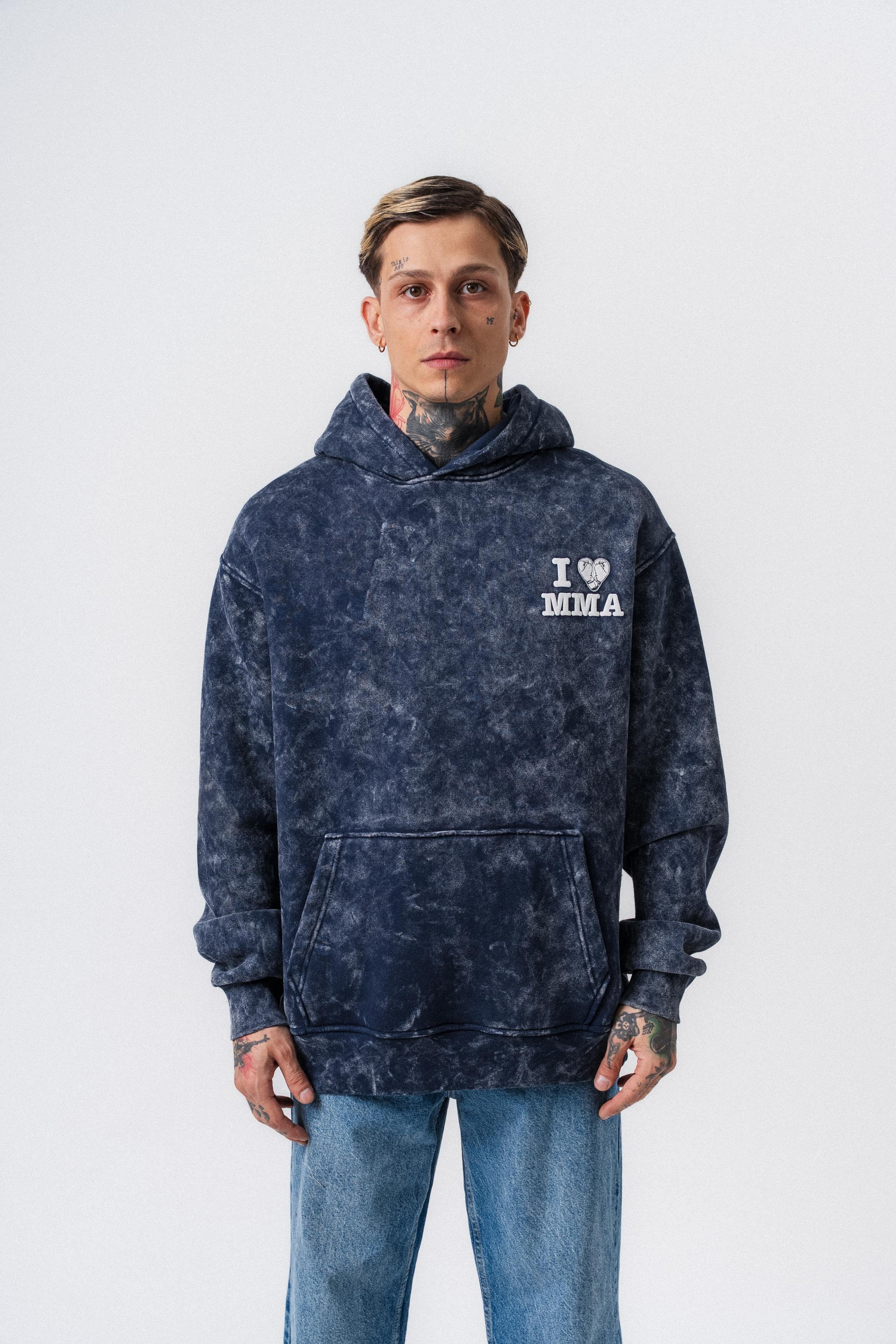 Erkek MMA Baskılı Kapüşonlu Oversize Hoodie Lacivert