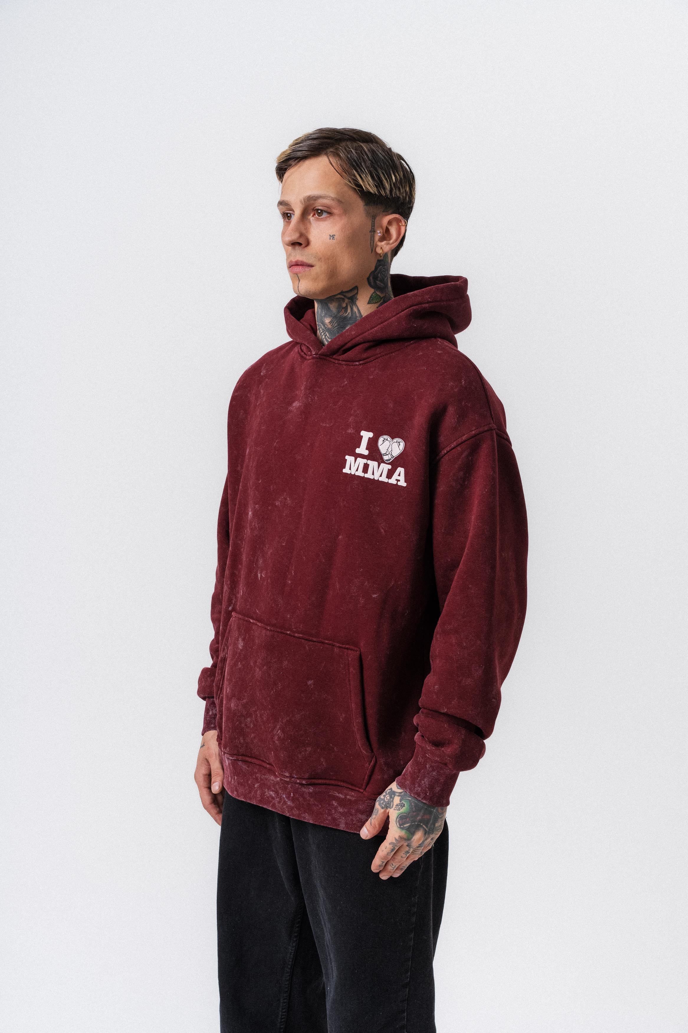 Erkek MMA Baskılı Kapüşonlu Oversize Hoodie Bordo