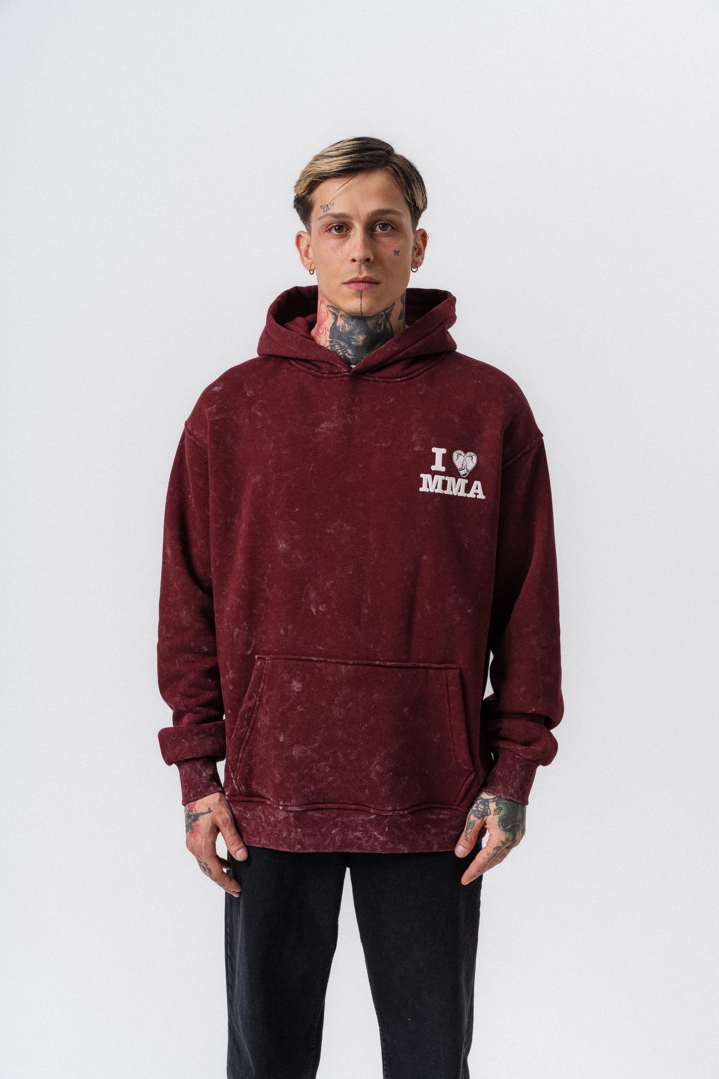 Erkek MMA Baskılı Kapüşonlu Oversize Hoodie Bordo
