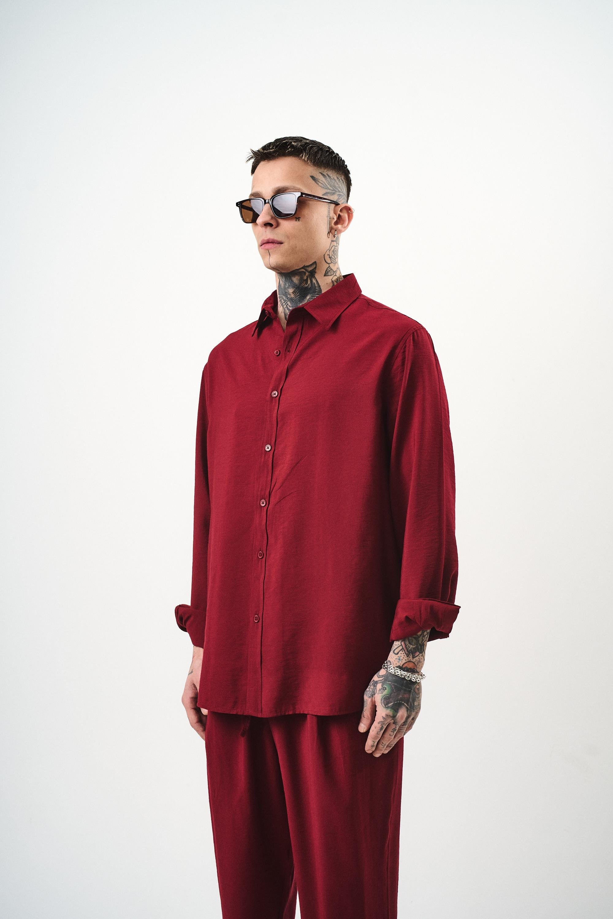 Erkek Modal Oversize Gömlek Bordo