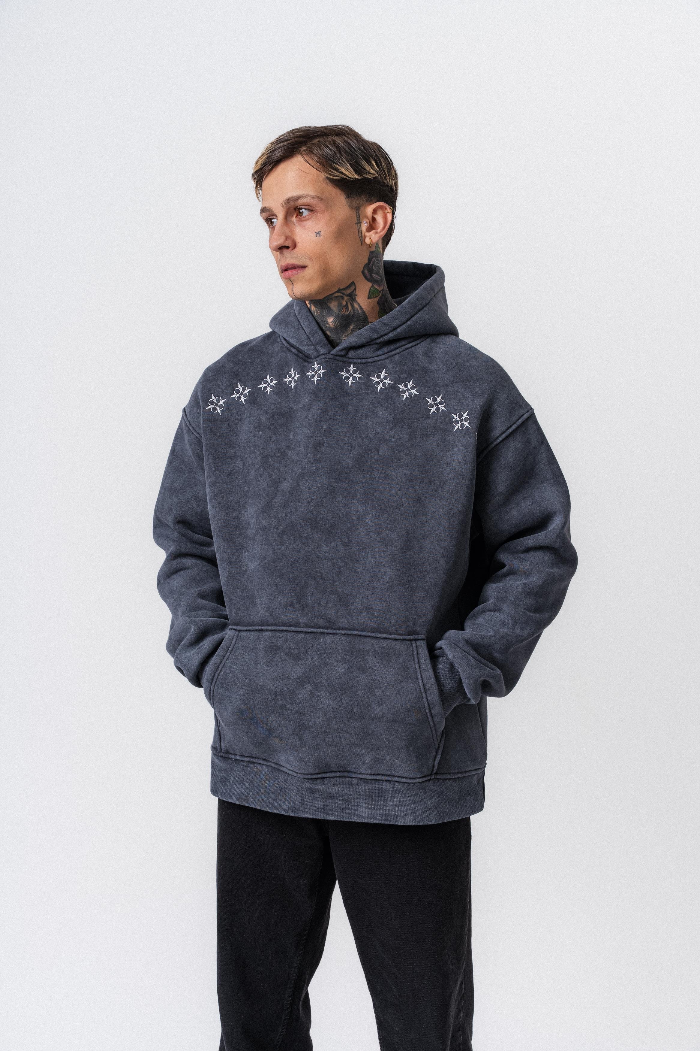 Erkek Muse Baskılı Yıkamalı Kapüşonlu Oversize Hoodie Füme