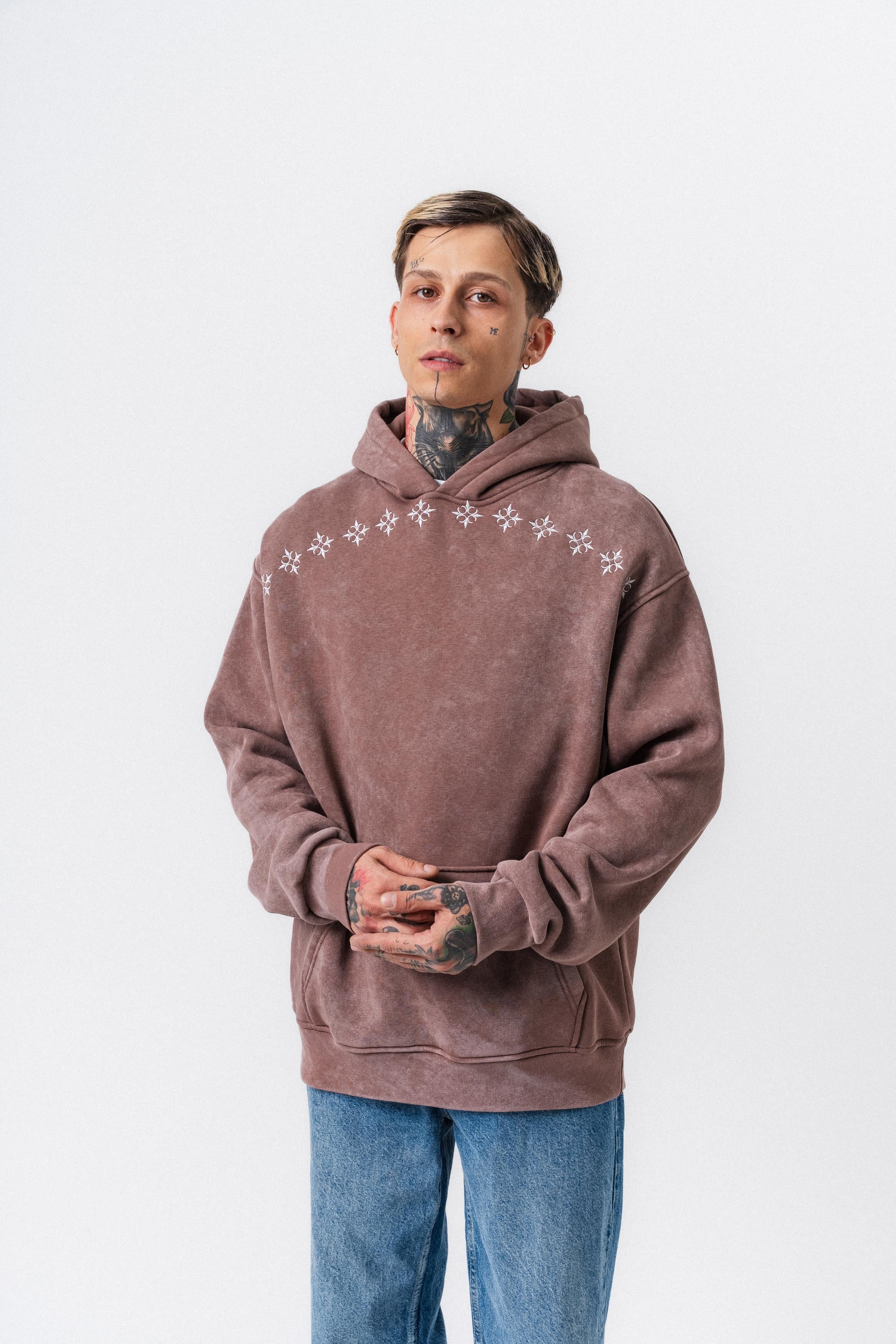 Erkek Muse Baskılı Yıkamalı Kapüşonlu Oversize Hoodie Kakao